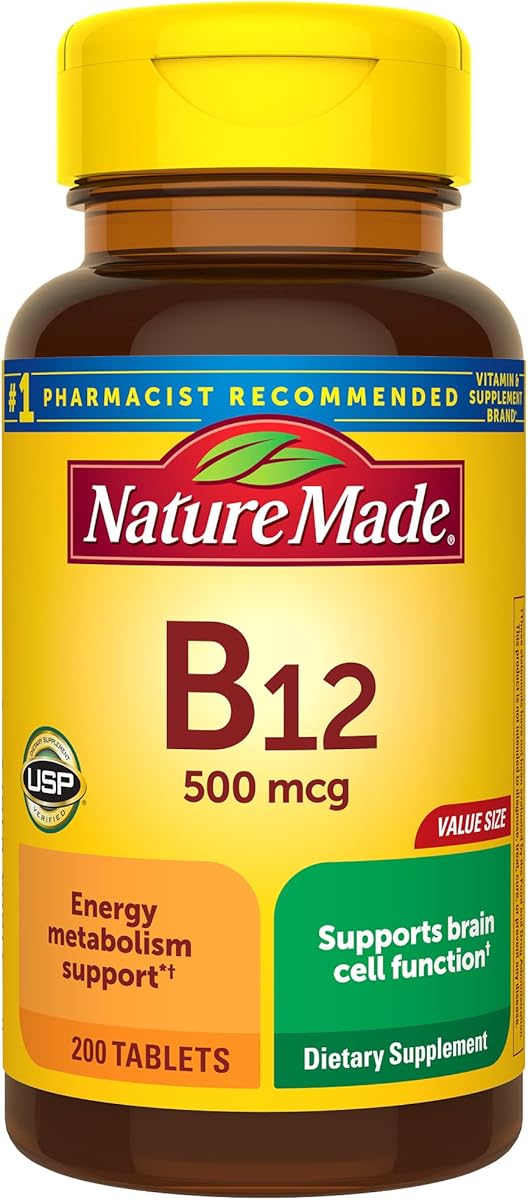 Nature Made Vitamin B12 500 mcg, Dietary Supplement for Energy Metabolism Support, B12 Vitamins 500 mcg, 200 Tablets, 200 Day Supply