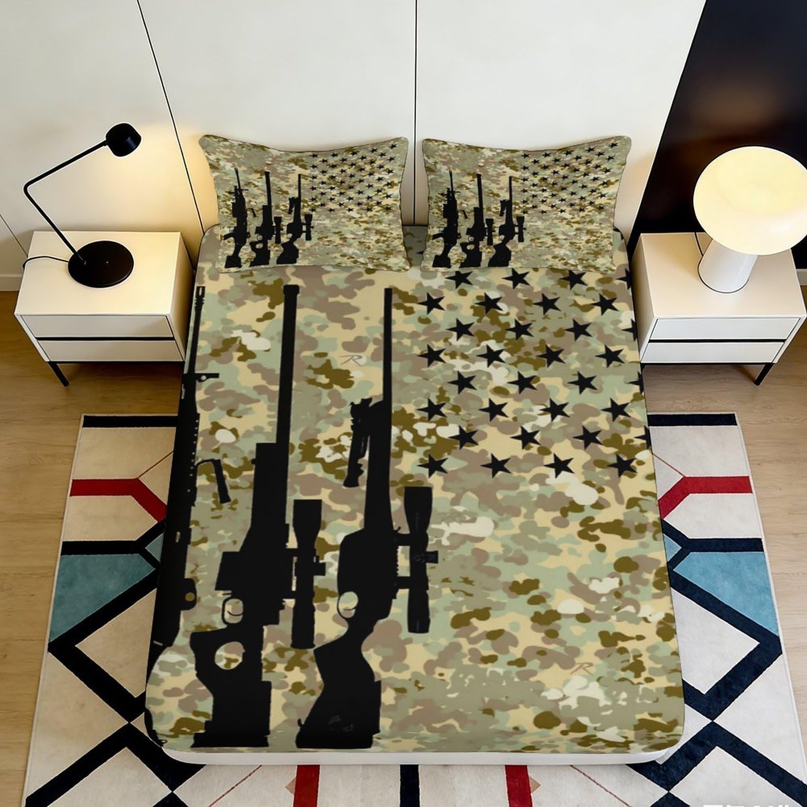 3D Printed Camouflage Rifle Pattern Fitted Sheet Microfiber Soft Durable Military Style Bed Cover for Bedroom Dormitory Guest Room Mattress Protection 120x200x25cm