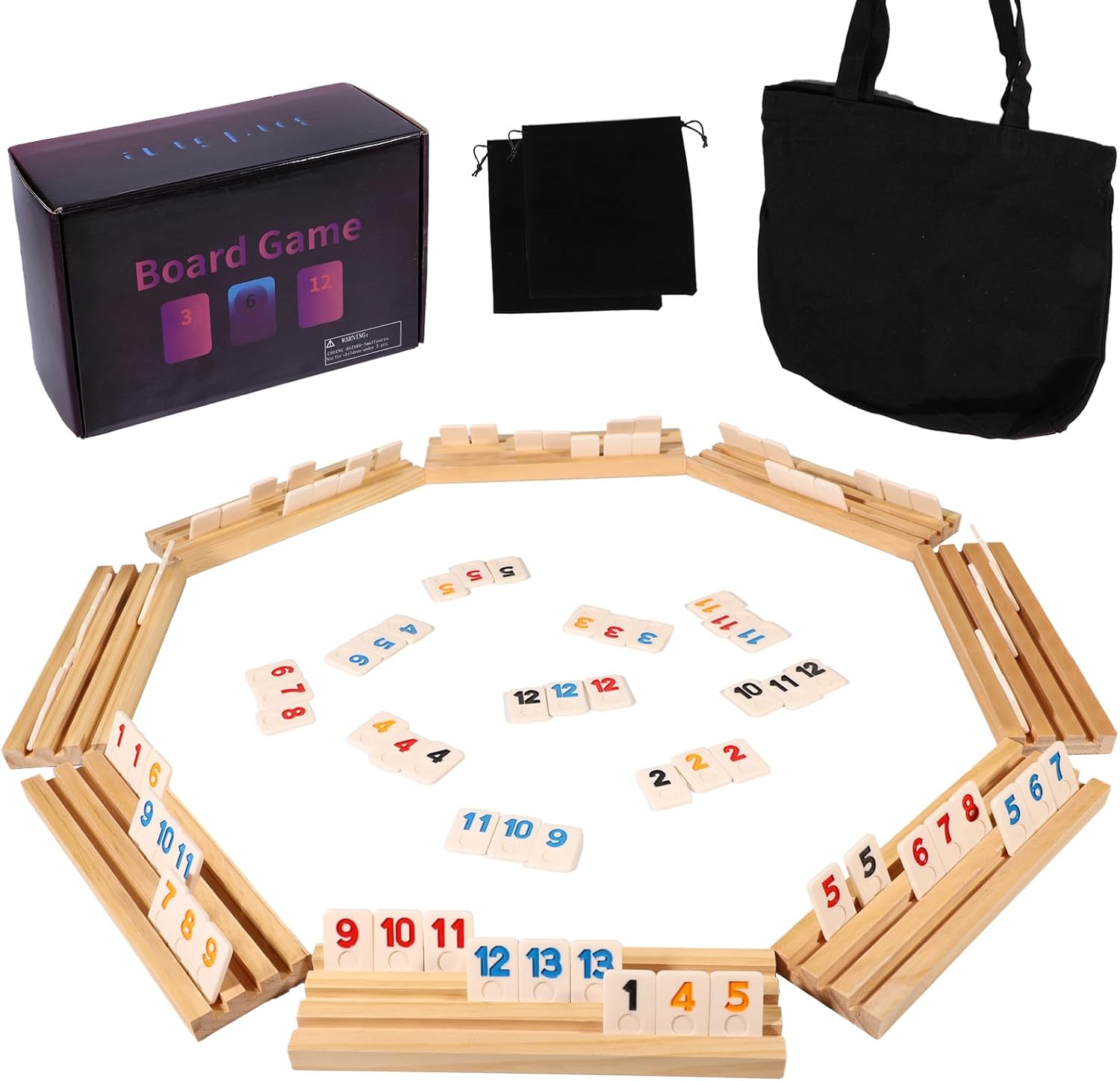 Solid Wood Rummy Cube Game Set – 8-Player Classic Tile Game with 212 Tiles, Wooden Racks & Travel Bags – Large Number Edition for Family, Party & Camping（8 Rack）