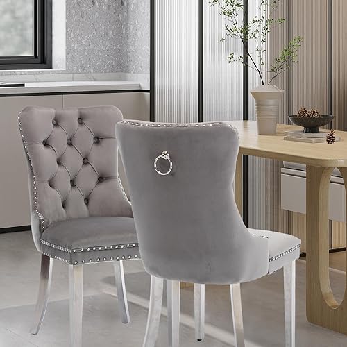 Miniatura 114 de Juego de 6 Sillas de Comedor Tapizadas en Terciopelo, Sillas Laterales de Cocina de Estilo Moderno con Ribete de Tachuelas y Patas de Madera, Anillo