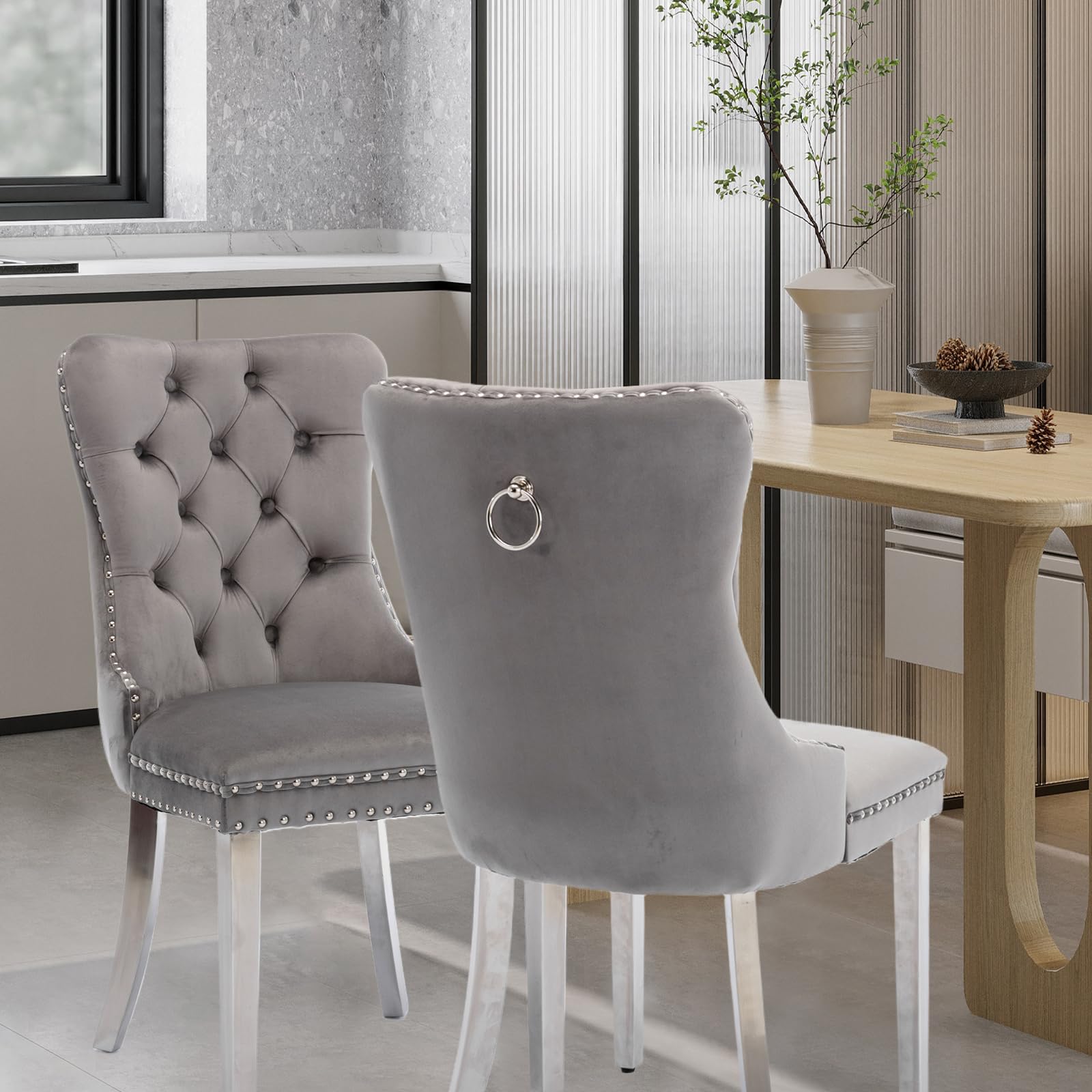 SoarTalent Velvet Upholstered Dining Chairs Set of 2, Modern Style Kitchen Side Chairs with Nailhead Trim and Silver Plated Leg, Metal Pulling Ring