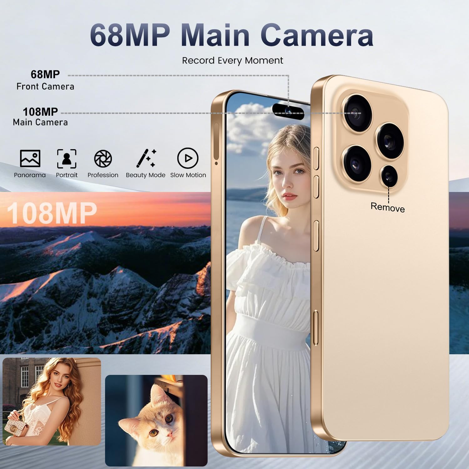 16 PM Smartphone Unlocked Cell Phone, 6.99“ HD Screen5G Phone, 16+512GB phoneunlocked, Android 14.0, 68+108MP Zoom Camera, Fingerprint Button Unlock-and take Photos (Gold)