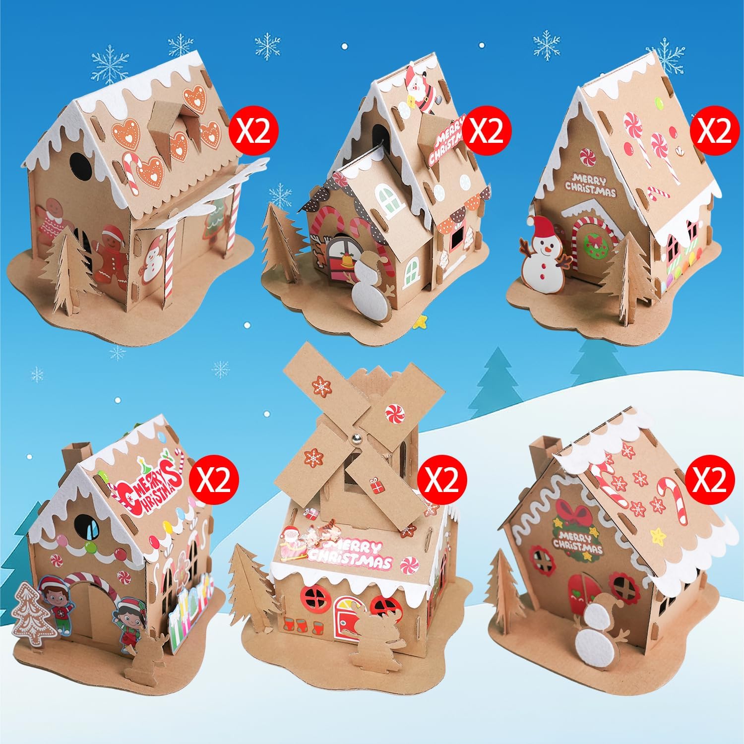 12pack Christmas Gingerbread House DIY Kit – Cardboard Houses for Kids & Adults, Holiday Party Game, Classroom Gift & Festive Home Decoration
