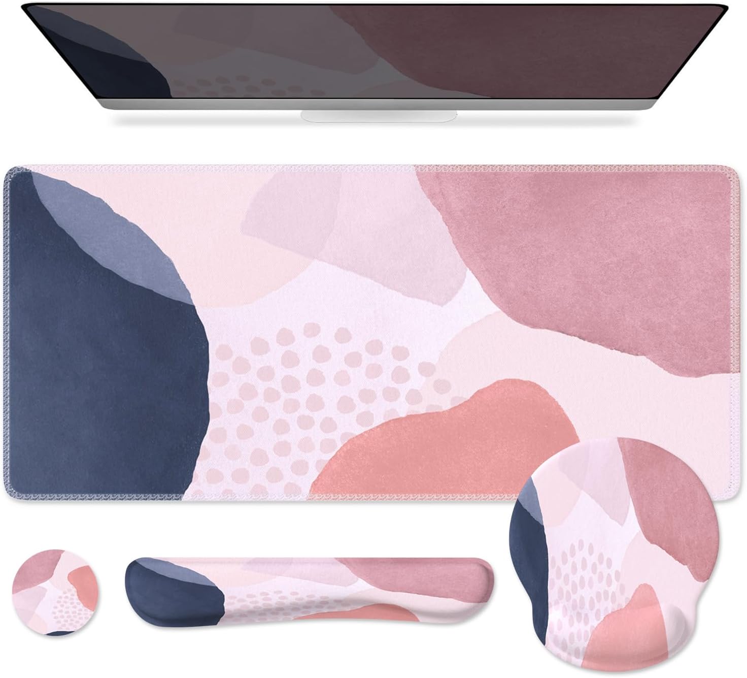 iCasso Desk Mat, Gaming Mouse Pad Wrist Support Set, XXL Large Mousepad + Keyboard Wrist Rest+Mouse Wrist Rest+Coastert with Ergonomic Design for Home Office Computer (C-Four-Pink-Block)
