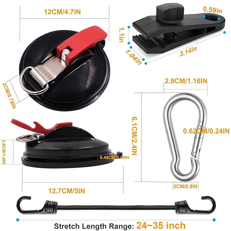 Small Suction Cup Heavy Duty Vacuum Suction Cup Anchor, 2Pack Strong Suction Cups With 4pcs Heavy Duty Tarp Clips 2pcs Bungee Cords Dual Hooks Tie Down For Car Awning Boat Camping Trap