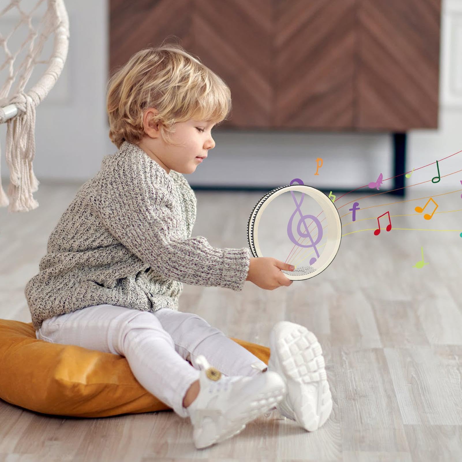 Wave Bead Drum – Percussion-Instrument mit Hartholzschale | Doppelseitige Regentrommel | Therapeutische Meeresklangtrommel | Stressabbau- und Entspannungstool | Perfekt für Meditation und Ruhe