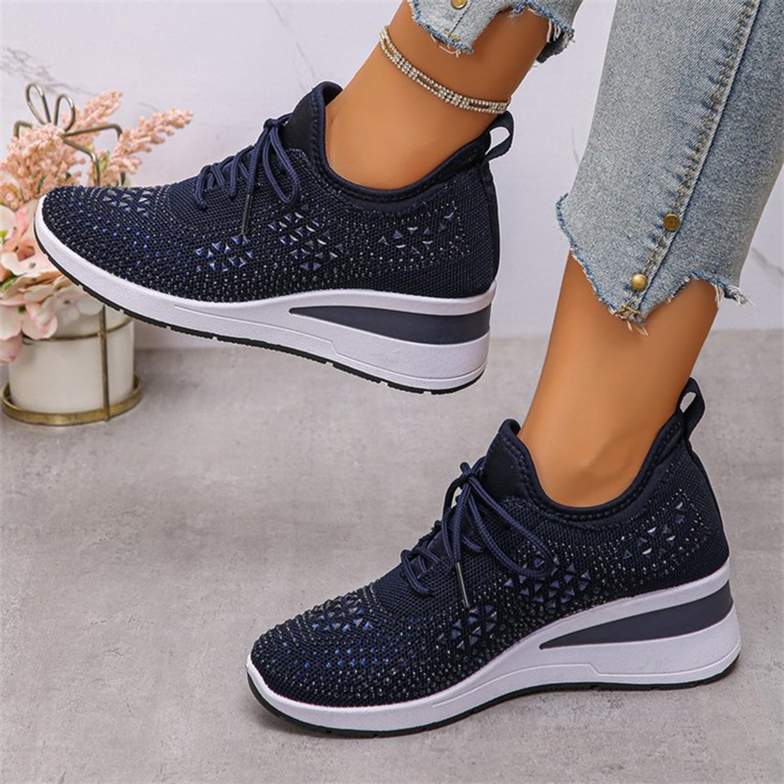 Scarpe da ginnastica da donna con plateau impreziosite con strass e maglia traspirante per abiti casual alla moda, Blu scuro, 40 EU