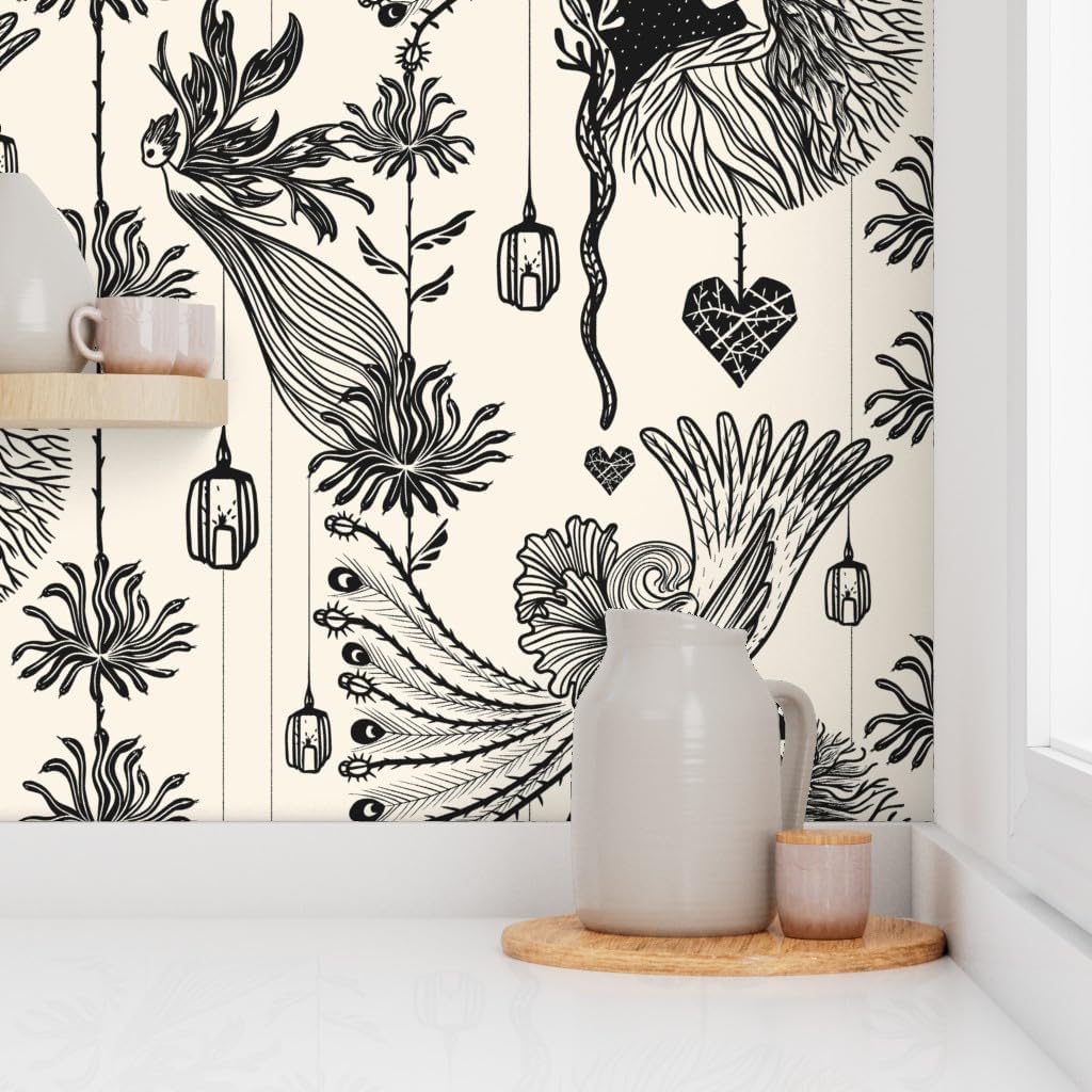 Peel & Stick Wallpaper 3ft x 2ft - Fairy Bird Flowers Dark Cat Night Gothic Fantasy Custom Removable Wallpaper by Spoonflower
