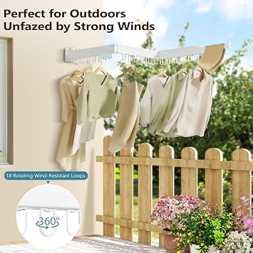 JAUREE Clothes Drying Rack Wall Mounted, Space-Saving Drying Rack Clothing, Collapsible Foldable Retractable Laundry Rack with 18 Hooks, Indoor/Outdoor, White