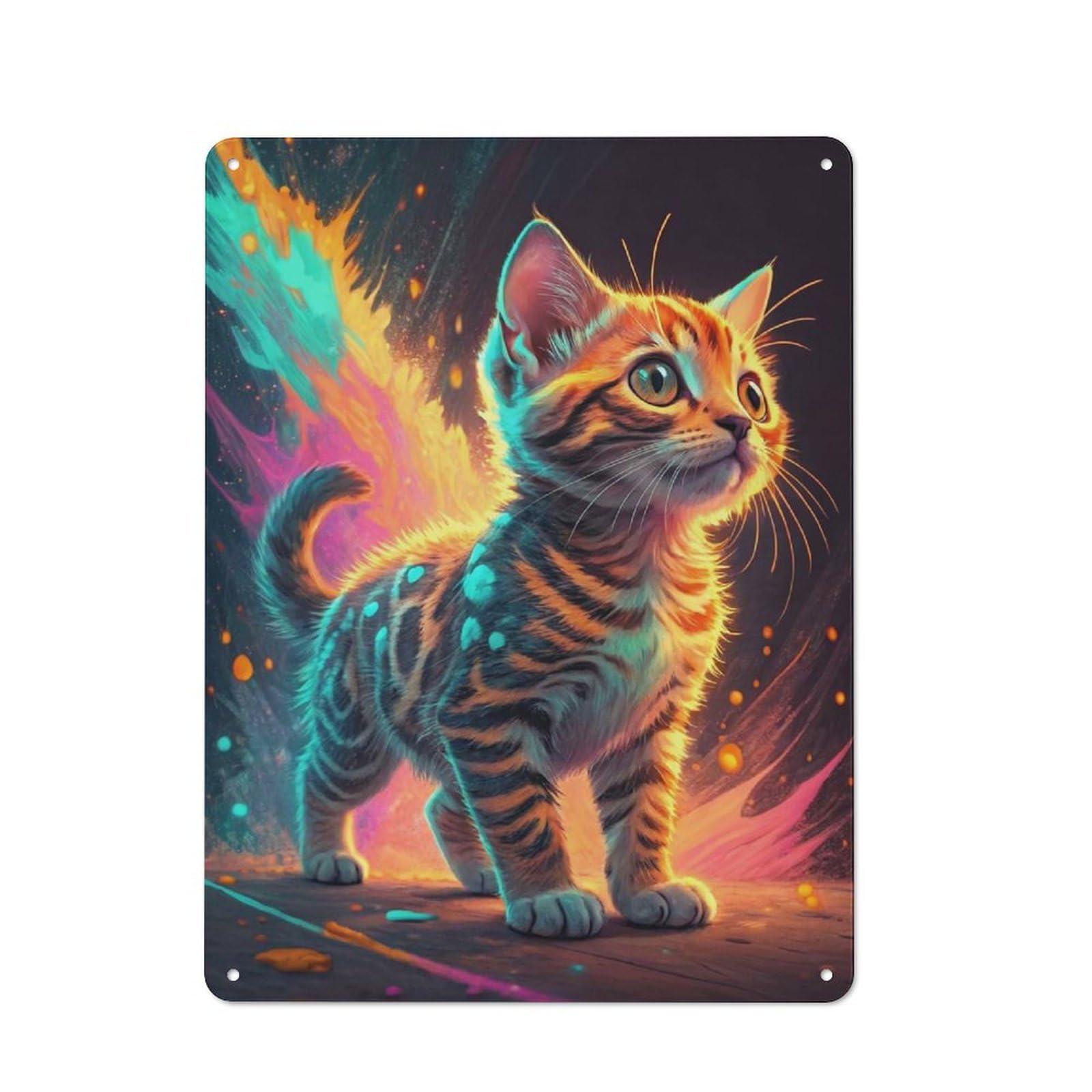 Workshop Style Kitten with Fiery Aura Decorative Metal Plaque 40x30cm, Shed Wall Plaque for Tool Room, Garage, Studio Or Home Bar