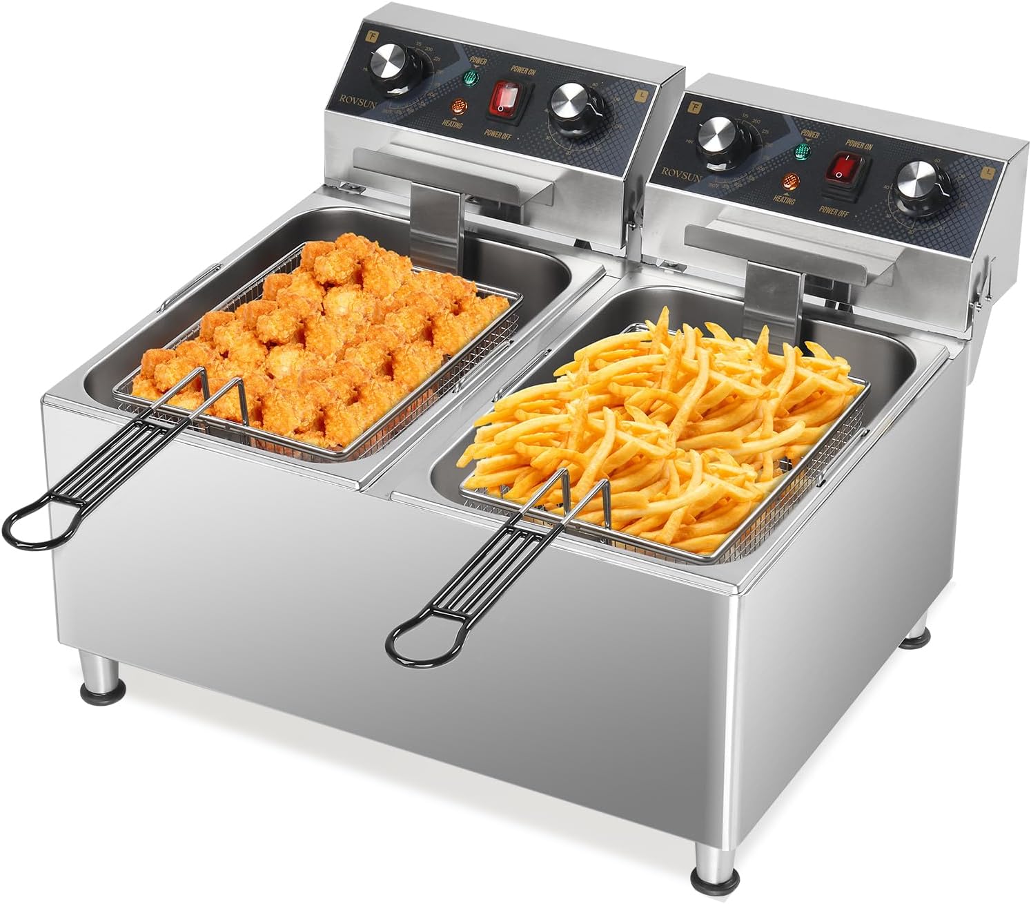 ROVSUN 36QT Electric Deep Fryer w/ 60-Min Timer 240V, 6600W Dual Tank Commercial Deep Fryer w/Overheat Protection, Temperature Control & Baskets, Stainless Steel Countertop Fryer for Restaurant (36QT) Thumbnail