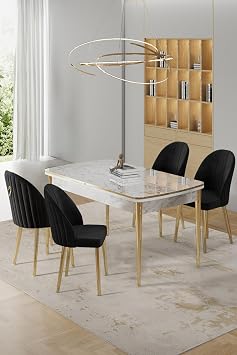 Rada Serisi 80x132 cm A labilir Beyaz Mermer Desen Masa, 4 Siyah Sandalye, Gold Detay