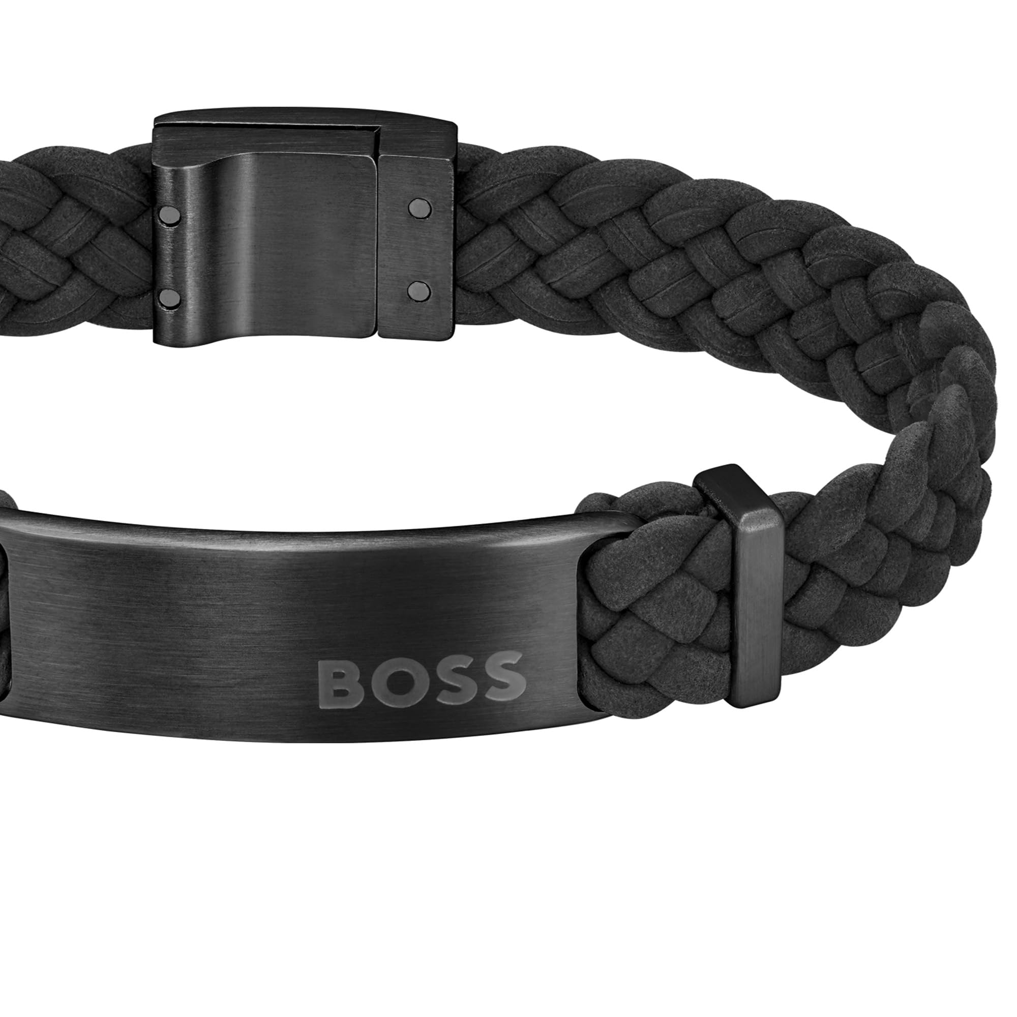 HUGO BOSS Męska jonowa czarna pozłacana skórzana bransoletka - 1580608M, standardowa, jonizowana czarna stal i czarna skóra, bez kamieni szlachetnych, Standard, Czarna stal i czarna skóra jonowa, Bez