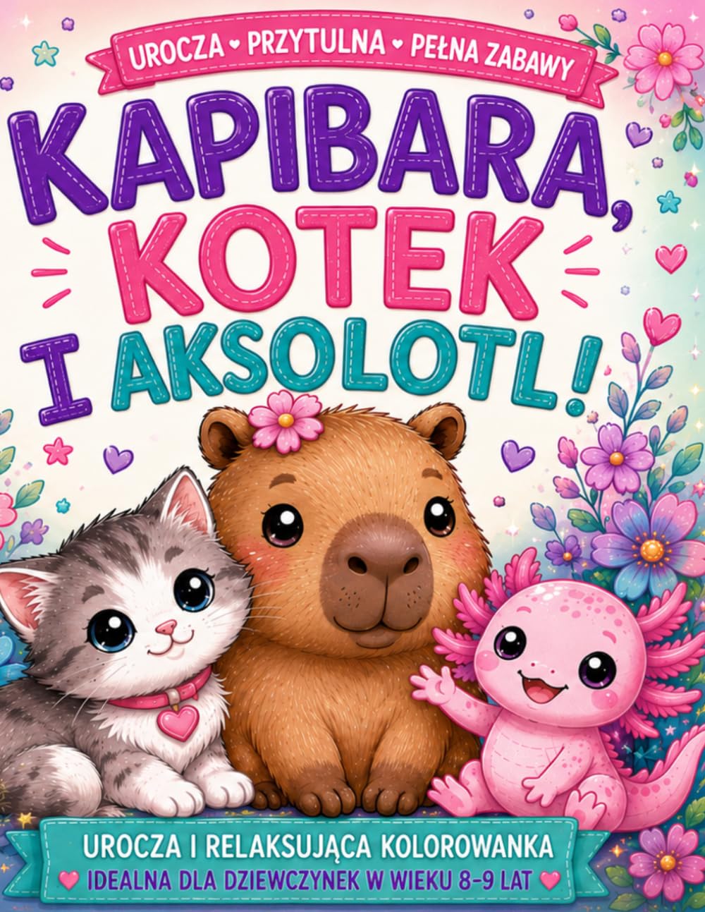 Kolorowanka. Kapibara, kotek i aksolotl: Dla dziewczynek 8-9 lat.