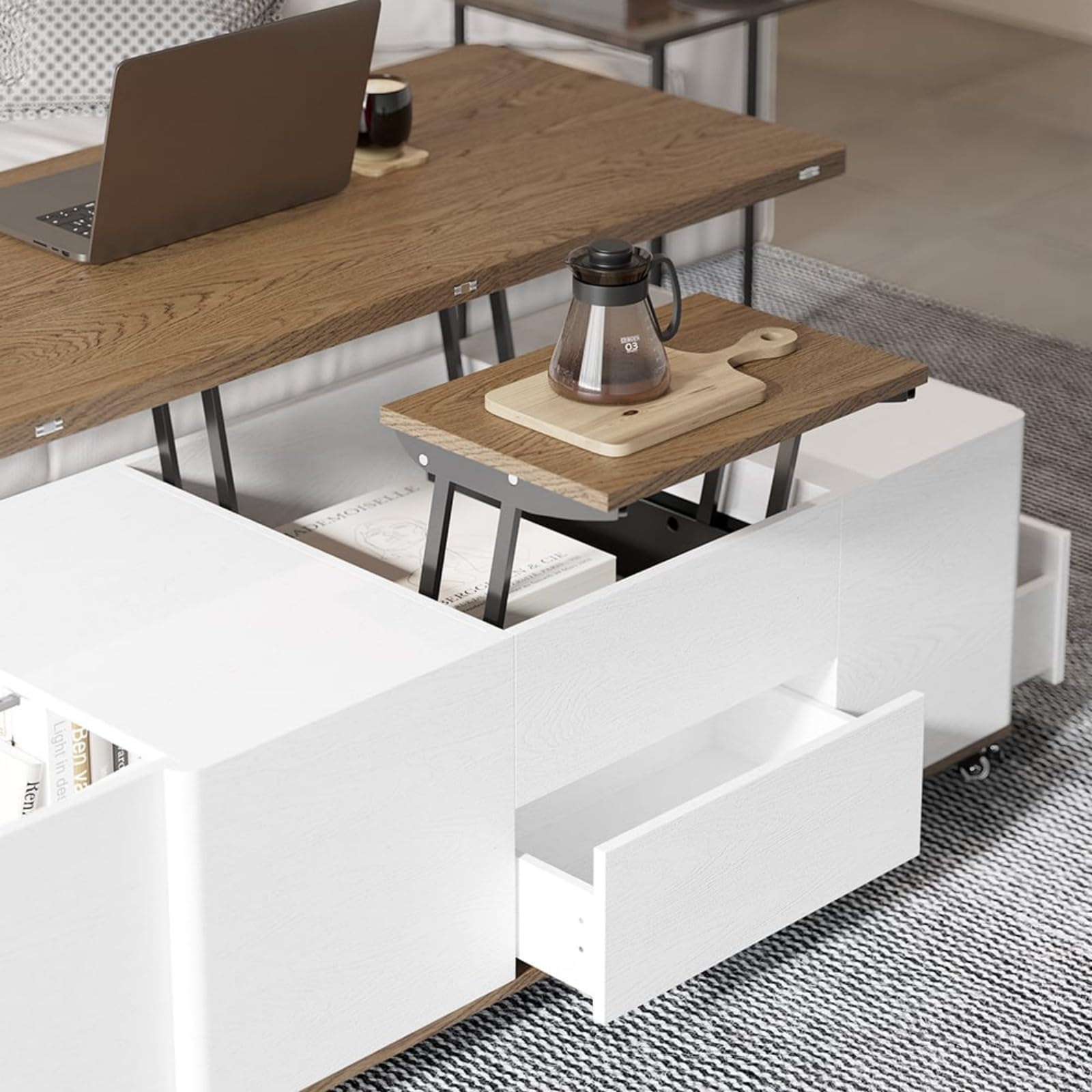 Homary Table Basse Relevable, Table Basse Salon Bois avec Rangement Caché