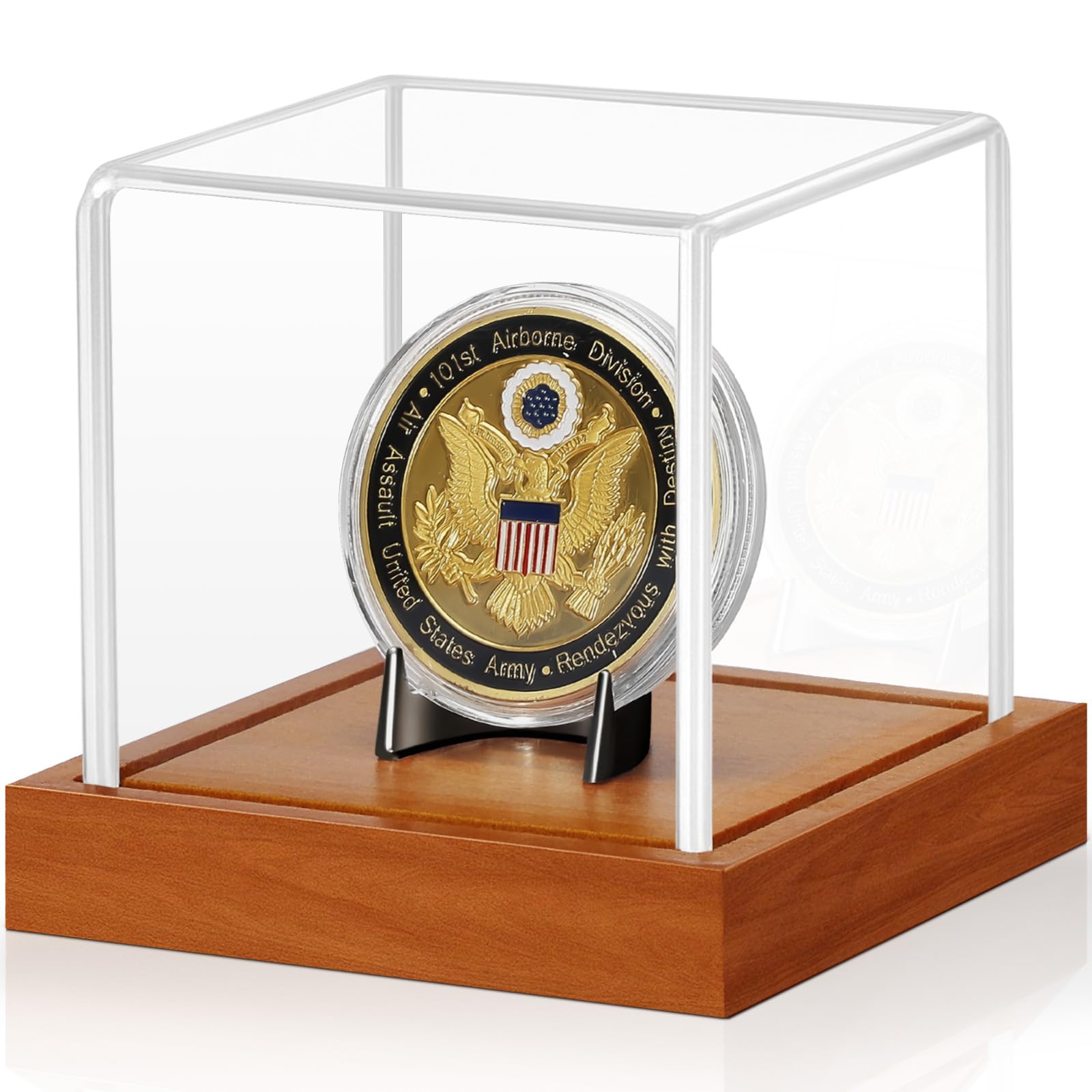 JupDec Coin Display Case, Clear Acrylic Showcase with Wood Base &amp; Alloy Holder for Single Challenge Coin, UV Protection Souvenirs and Collectibles Box, Ideal Gift for Coin Fans, Brown