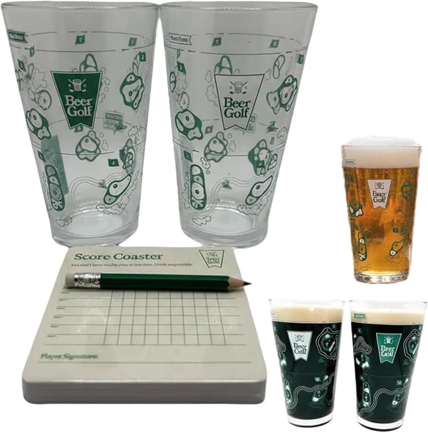 The 9 Hole Golf Course on A Beer Glass,Funny Drinking Game Set with 2 Pint Glasses, Scorecard Coasters & Pencil, Scorecard Coasters & Pencil, Party Beer Cup Games, Unique Gift for Drink Lovers (1Set)