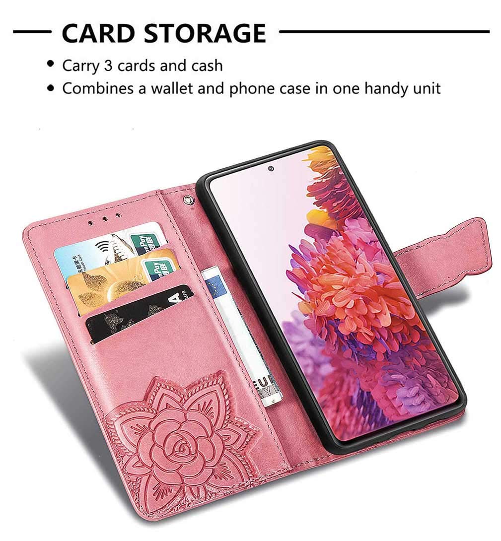 Custodia Flip Magnetica Per Realme 9i: Cover In Pelle PU Con Farfalla Sbalzata, Porta Carte E Supporto, Oro Rosa - 3