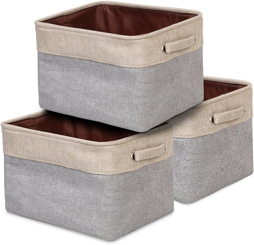 Fabric Bins Storage Basket Collapsible Organizer Bin 3-Pack Foldable Grey/ Brown Storage Cube with Handles for Home and Office
