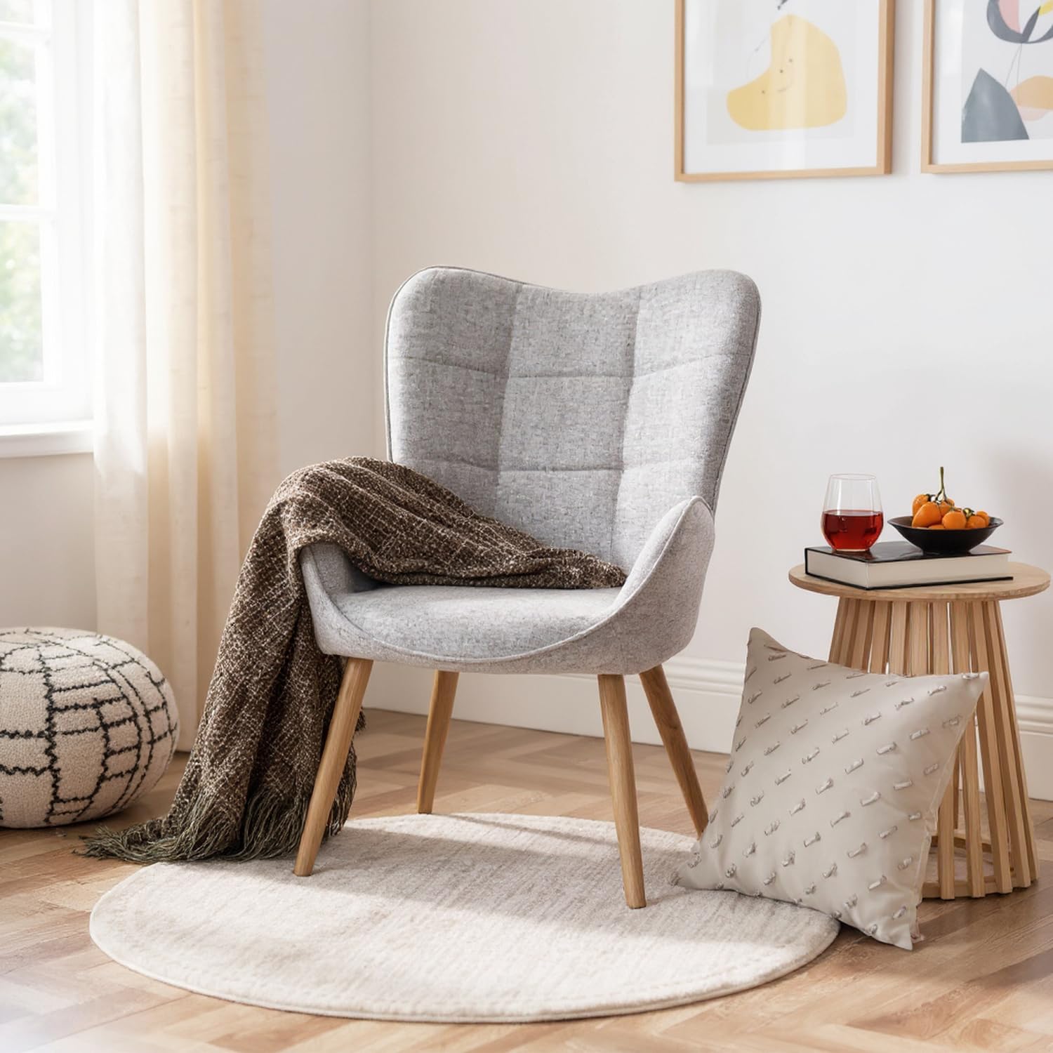 MEUBLE COSY Poltrona Imbottita Sedia da Salotto con Braccioli Poltroncina Relax con Schienale Alto e Cuscino Spesso Gambe in Metallo per Soggiorno in Tessuto Grigio
