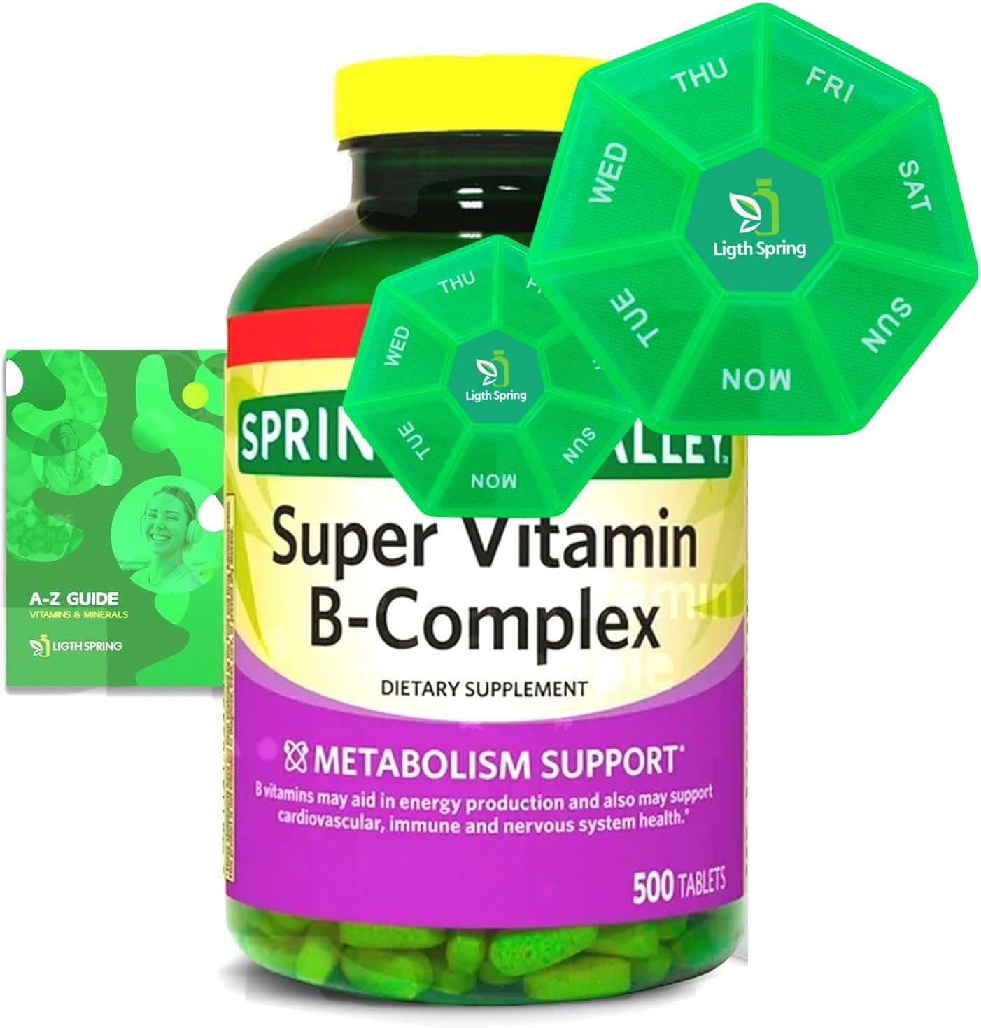 Light Spring Super B-Complex Capsules โ Vitamins B6, B12, C, Thiamine & Biotin โ Gluten-Free Complete Dietary Supplement with Light&Spring Guide + Exclusive Pill Organizer