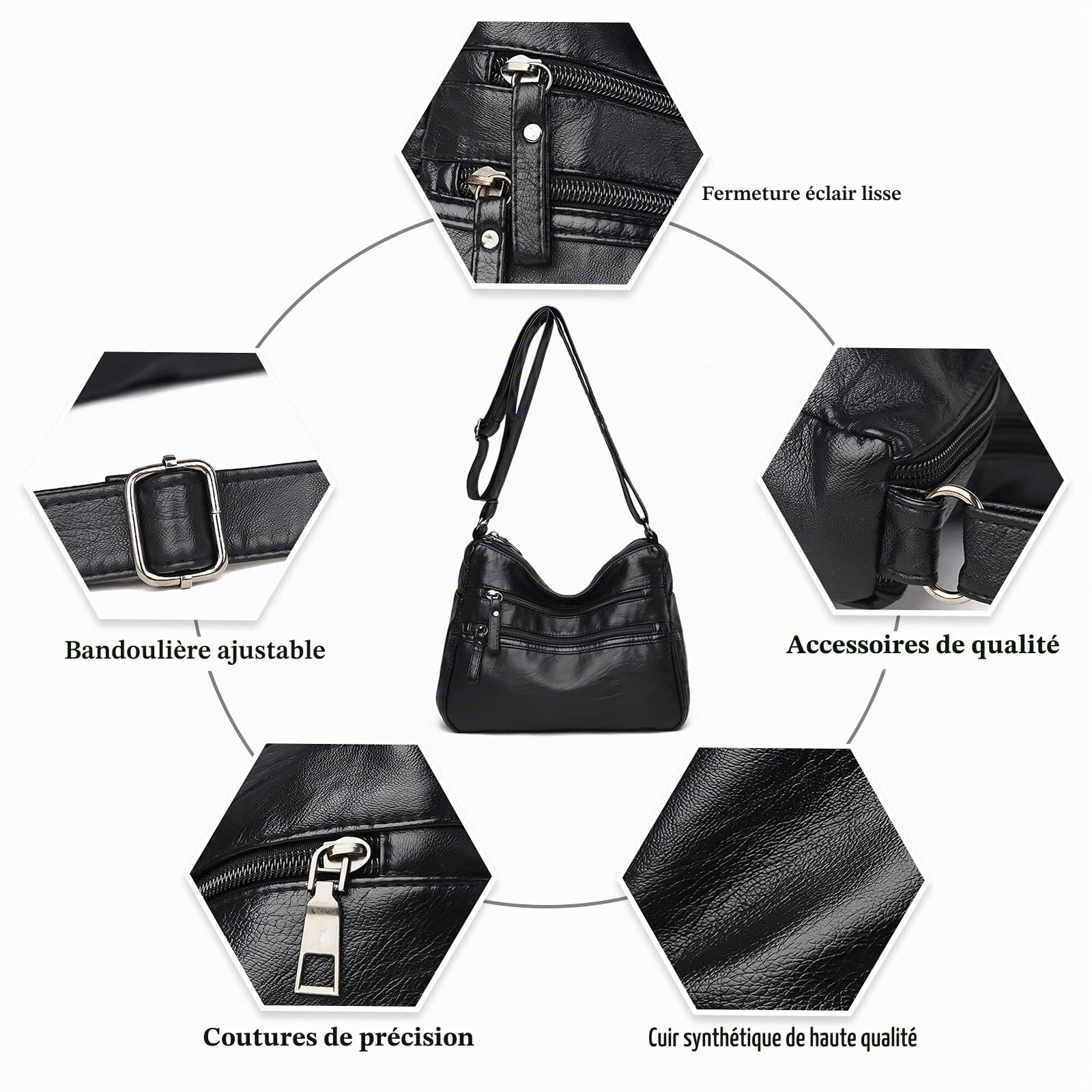 Femme Sac Bandouliere Multi-Poches Sac D'épaule Sac de Messager Imperméable en Cuir Sac à Main pour Travail Voyage Achats Usage Quotidien