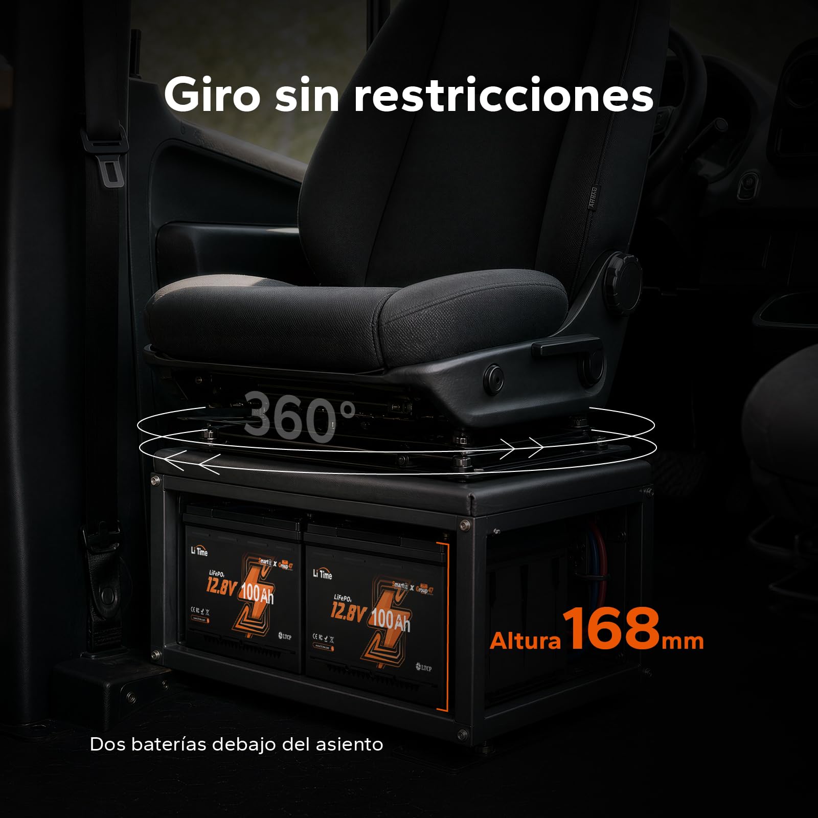 Batería de Litio LiFePO4 12V 100Ah con Bluetooth, Batería para Asiento DIN H5 (AI168 mm) para Autocaravana con BMS de 100A, Protección de Baja Temperatura, Asiento Giratorio, Barco y Sistema Solar Off