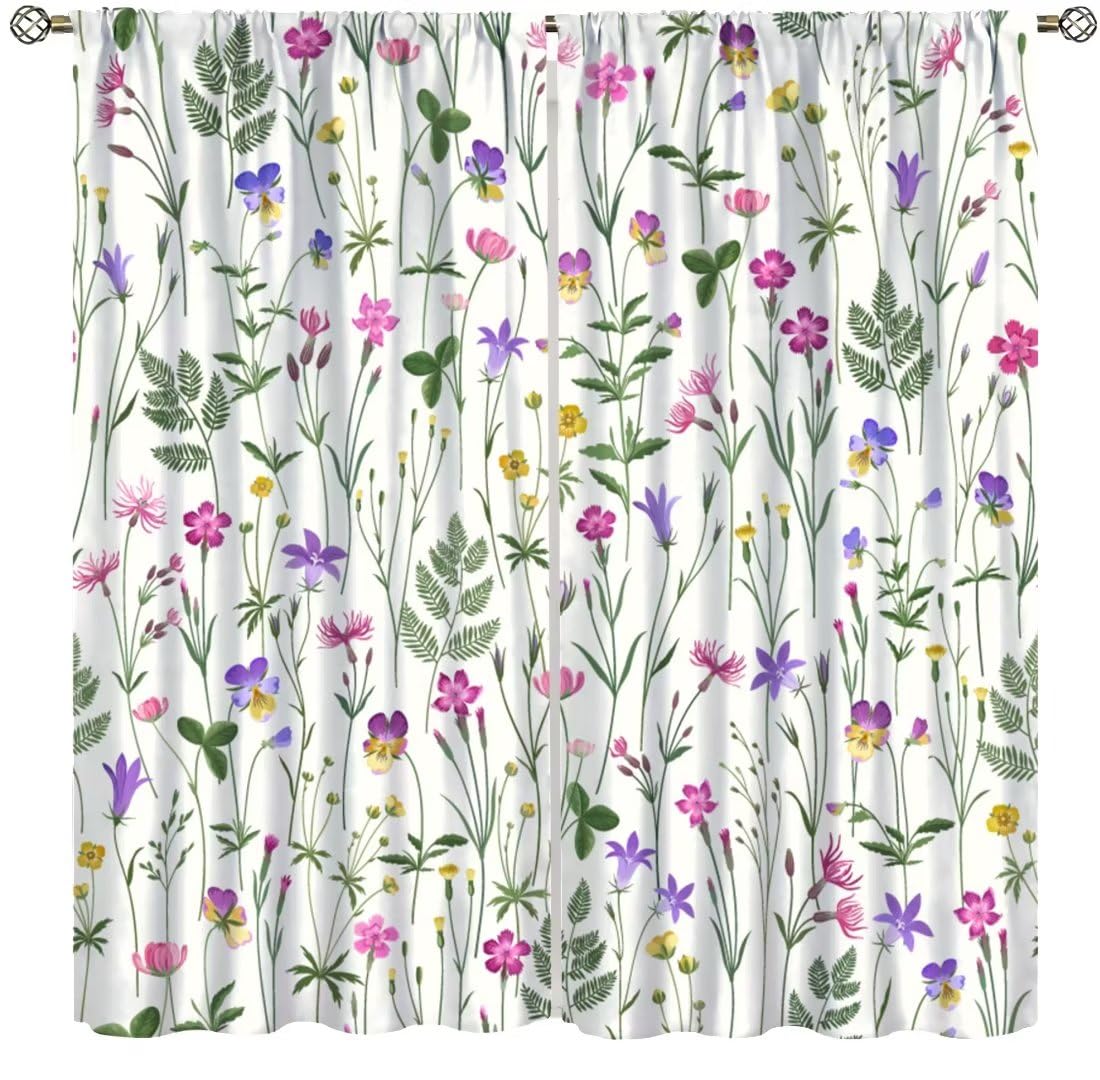 Rustic Flower Curtains,Vintage Floral Colorful Plant Green Leaf Women Wildflower Home Décor,Nature Blossom Botanical Drapes for Bedroom Living Room
