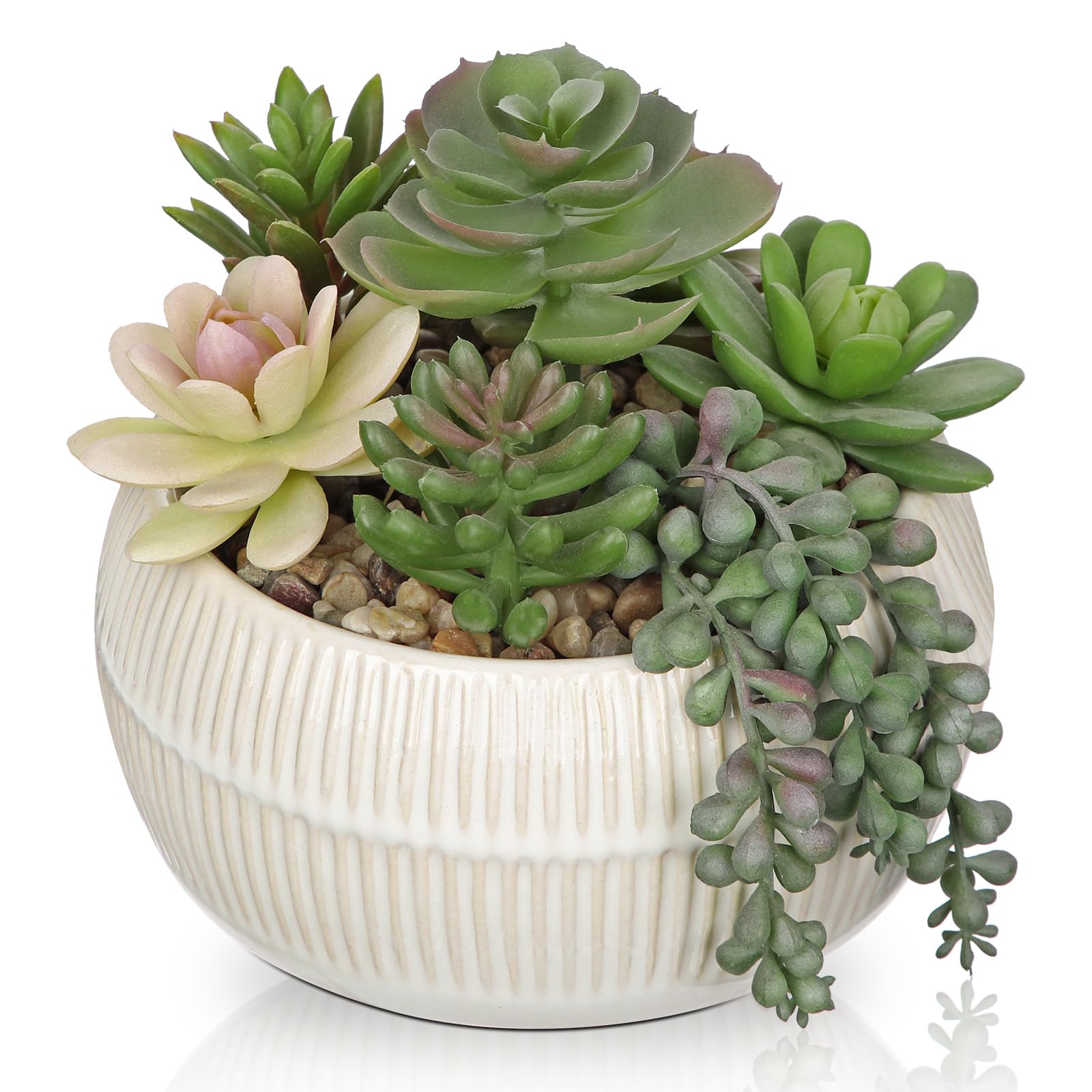 Oairse Artificial Succulent Arrangement Assorted Realistic Faux Succulent Plants in Ceramic Pot, 14cm Lifelike Fake Plants Indoor for Home Office Bathroom Kitchen Table Shelf Decor