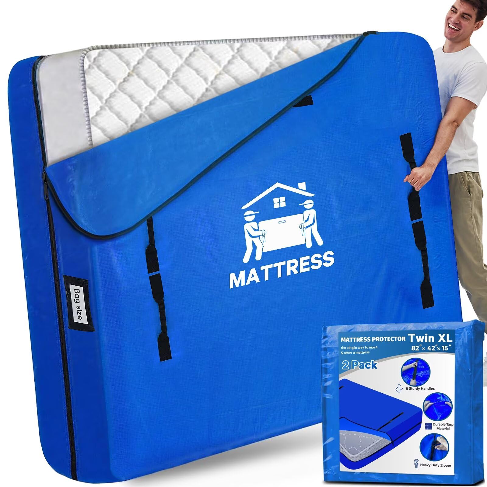 Mattress Bags for Moving, BETU Mattress Protector Waterproof Mattress Cover Twin XL Size Storage Bags with 8 Heavy-Duty Handles and Zipper for College Bed Extra Thick Large(2 Pack:82"x42"x15" Blue) Twin XL 2 Pack (82"x 42"x 15") Blue