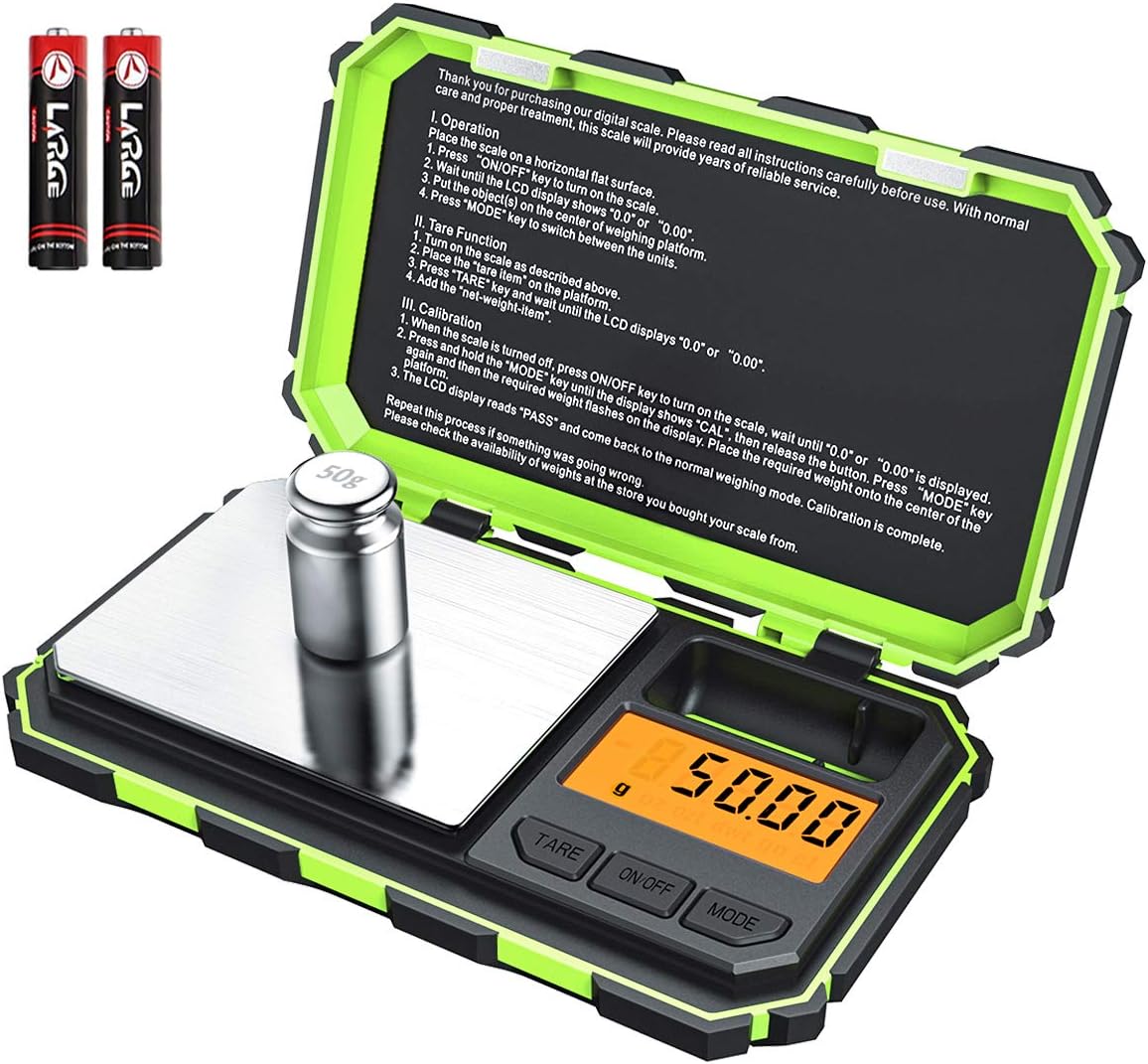 AMIR Digital Mini Scale, 200g /0.01g Pocket Scale, 50g Calibration Weight, Electronic Smart Scale, 6 Units, LCD Backlit Display, Tare, Auto Off, Stainless Steel (Battery Included)