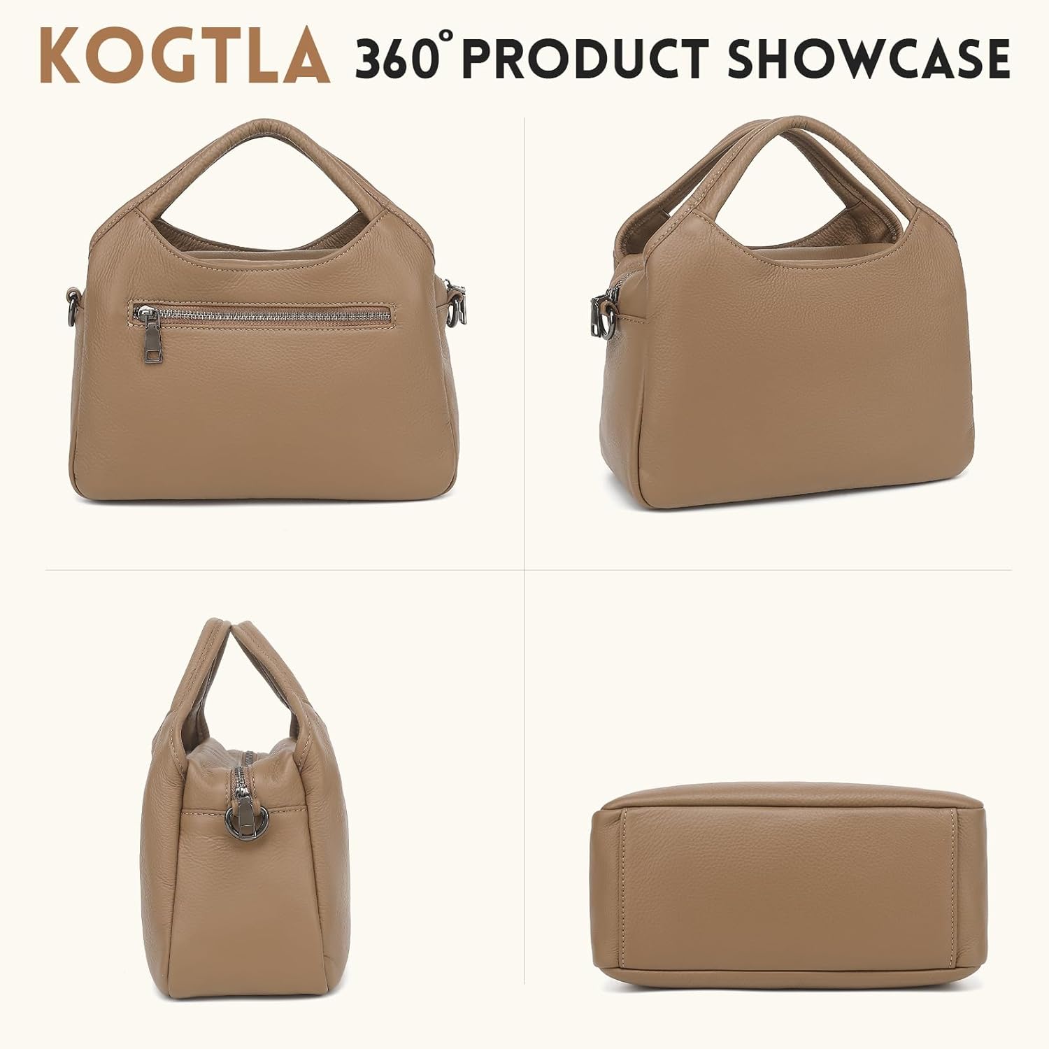 KOGTLA Medium Genuine Leather Purses for Women with Detachable Satchel Strap, Ladies Soft Handbags, Tote Hobo Bags