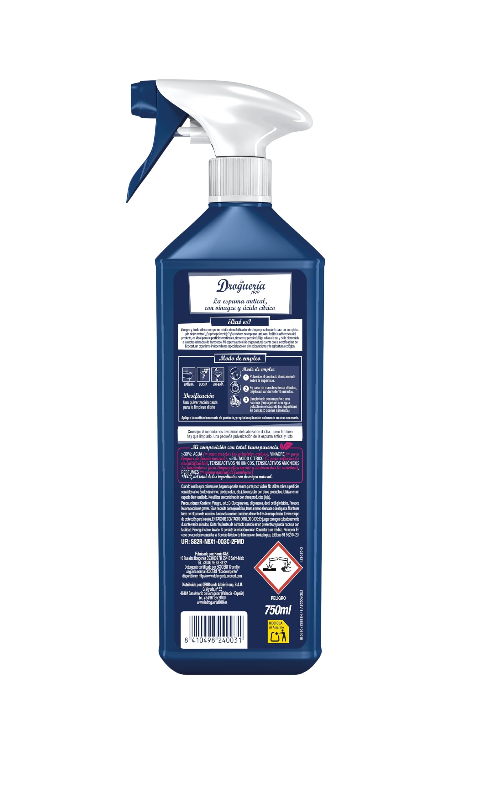Espuma Antical Ecológica con Vinagre y Ácido Cítrico - 750mL - Espuma Duradera Ideal para Superficies Verticales - Desincrustante Baños y Cocinas