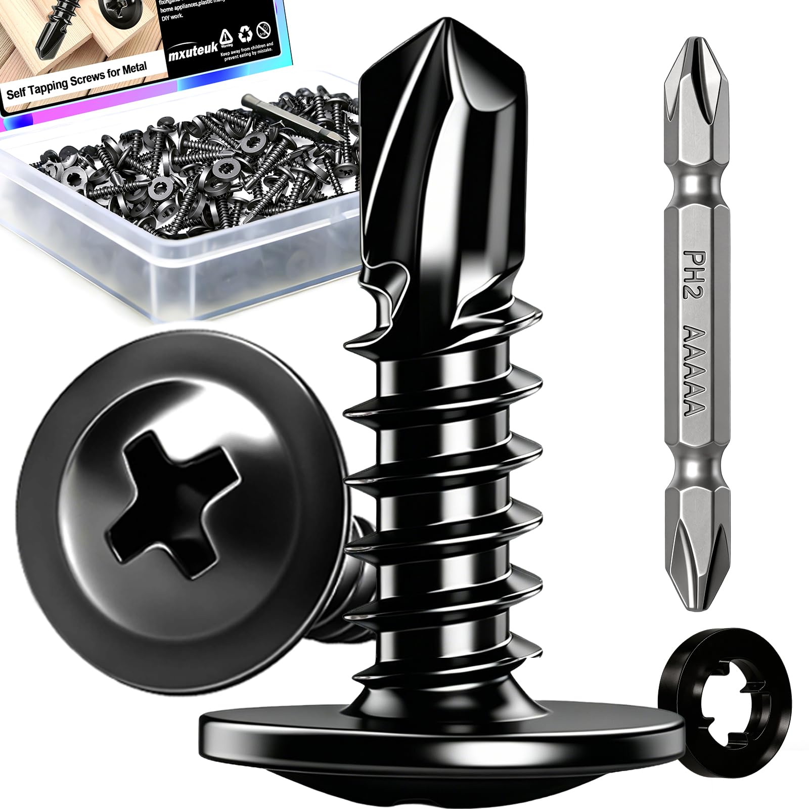 mxuteuk 230PCS #8 Self Tapping Screws for Metal,410 Stainless Steel Self Drilling Screws,1/2",5/8",3/4",1",1-1/4" Truss Head Sheet Metal Screws with Rubber Washers for Metal,Plastic,Wood(115pcs Sets) — Amazon image 23