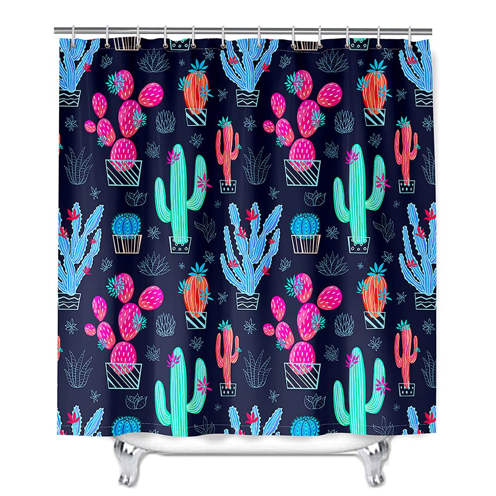 Cactus Print Shower Curtains for Bathroom, Mateju Waterproof Anti-Mildew Polyester Bathroom Curtains Includes 12 C-Rings for Home Bath Bedroom Apartment (Navy Blue, 90 x 180 cm)