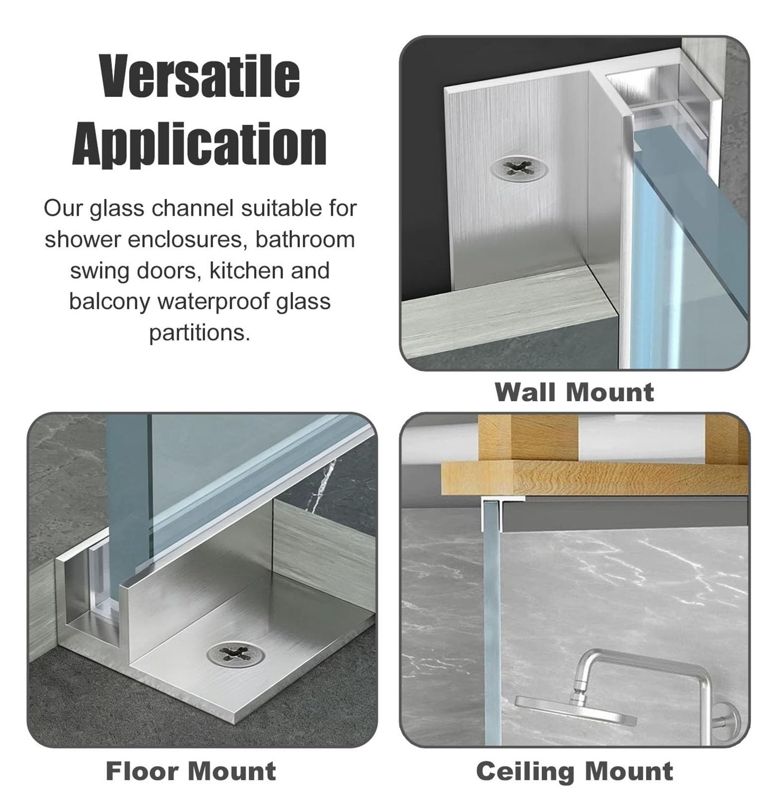 Perfil Aluminio Canal En U Profundo de Vidrio con Cierre Atornillado | Riel de Canaleta Sin Marco de Metal Mate para Baño/balcón/oficina/separación de Hotel, Resistente a La Corrosión