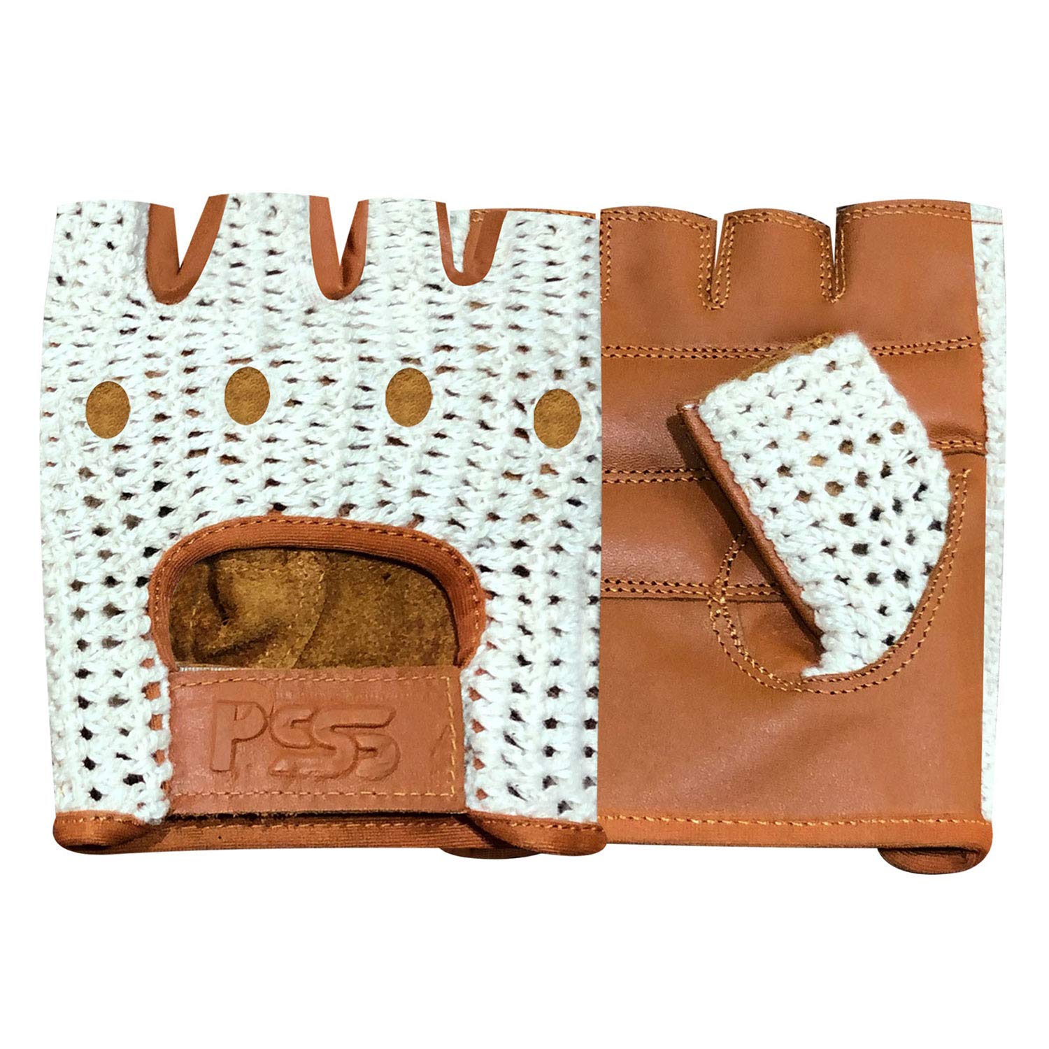 Prime Leather Unisex 416-Tan Fingerless Crochet Leather Gloves Gym Training Bus Driving Cycling Wheelchair 416 (Xl, )