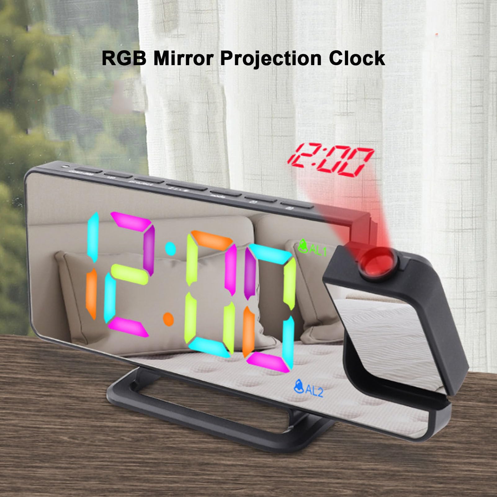Reloj despertador de proyección, reloj digital con pantalla LED de espejo con proyector giratorio de 180°, regulador, formato 12/24h, función de repetición, ideal para escritorio o mesita de noche