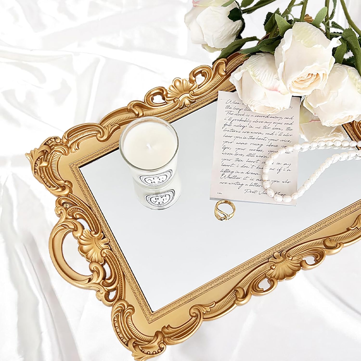 Frcctre Set of 3 Decorative Mirror Tray, Rectangle Mirrored Tray Jewelry Perfume Organizer and Display, Vintage Makeup Serving Trays with Handles for Vanity Dresser Bathroom, 9.5"x 15", 3 Colors