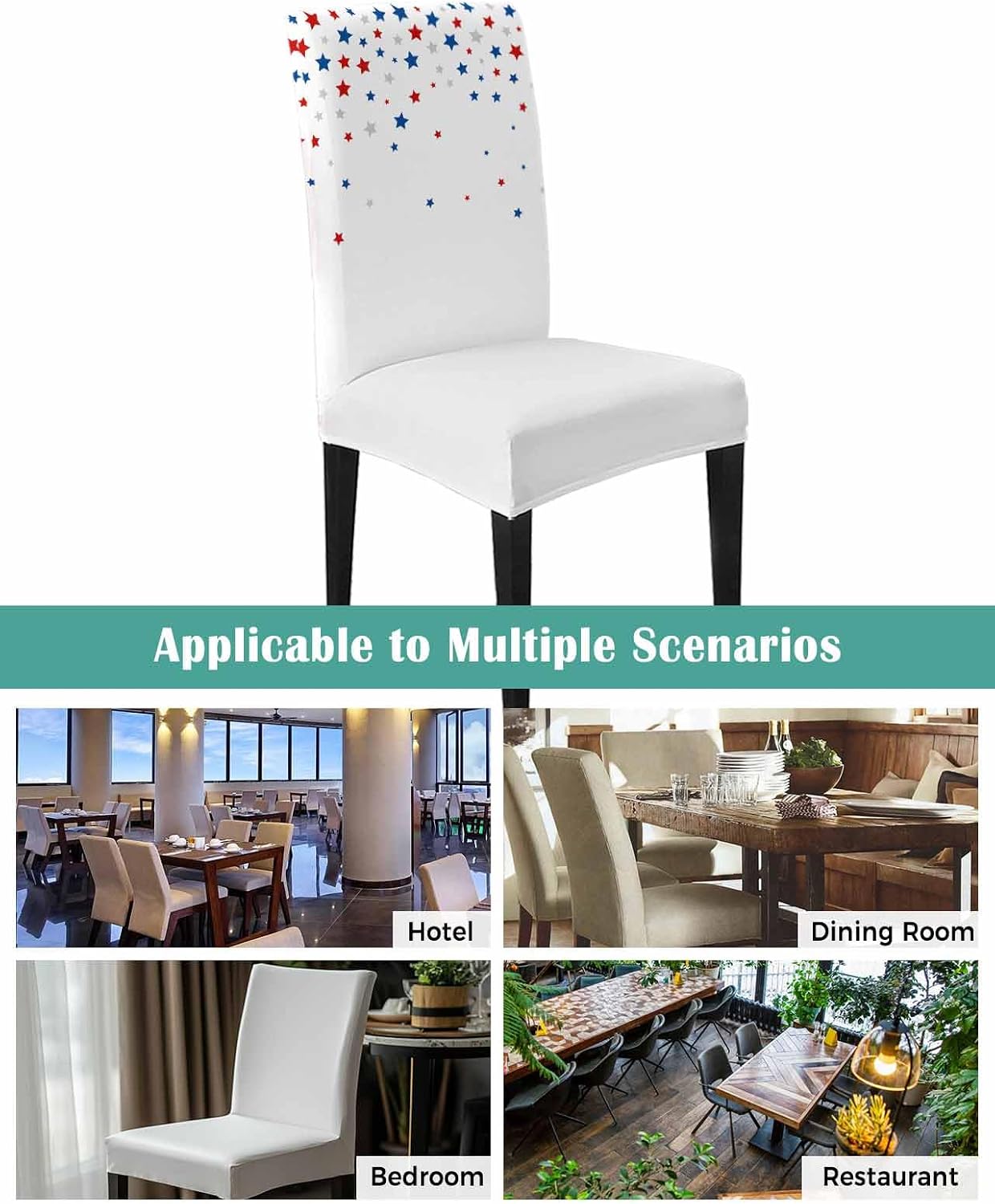 4 Pcs Dining Chair Covers Stretch Spandex Slipcovers Independence Day Patriotic Stars Removable Washable Dining Room Seat Cover Cushion Protector for Home Hotel Banquet Decor Red Blue Star on White