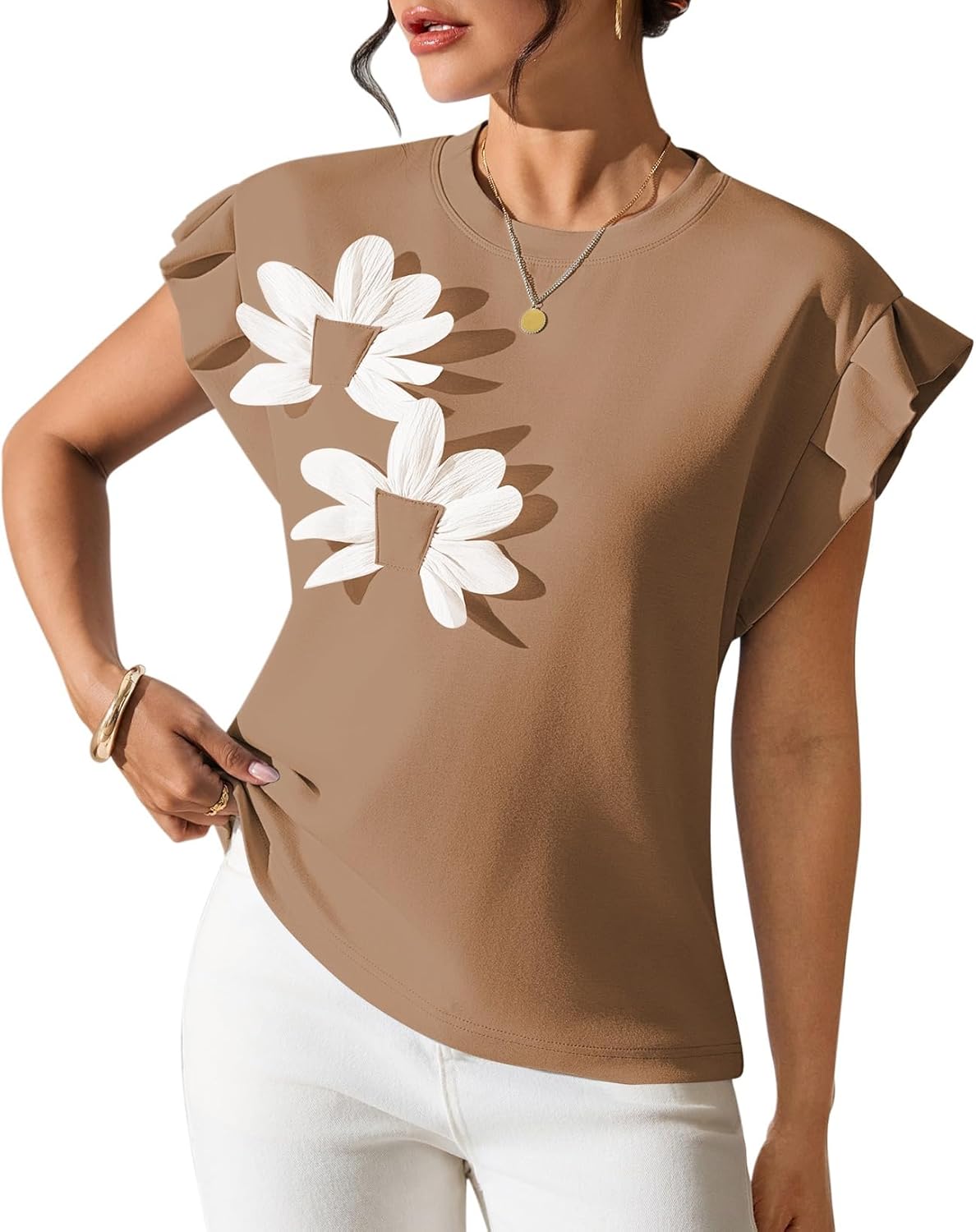 Pink Queen Womens Summer Tops 2026 Fashion Floral T Shirts Ruffle Cap Sleeve Casual Blouses