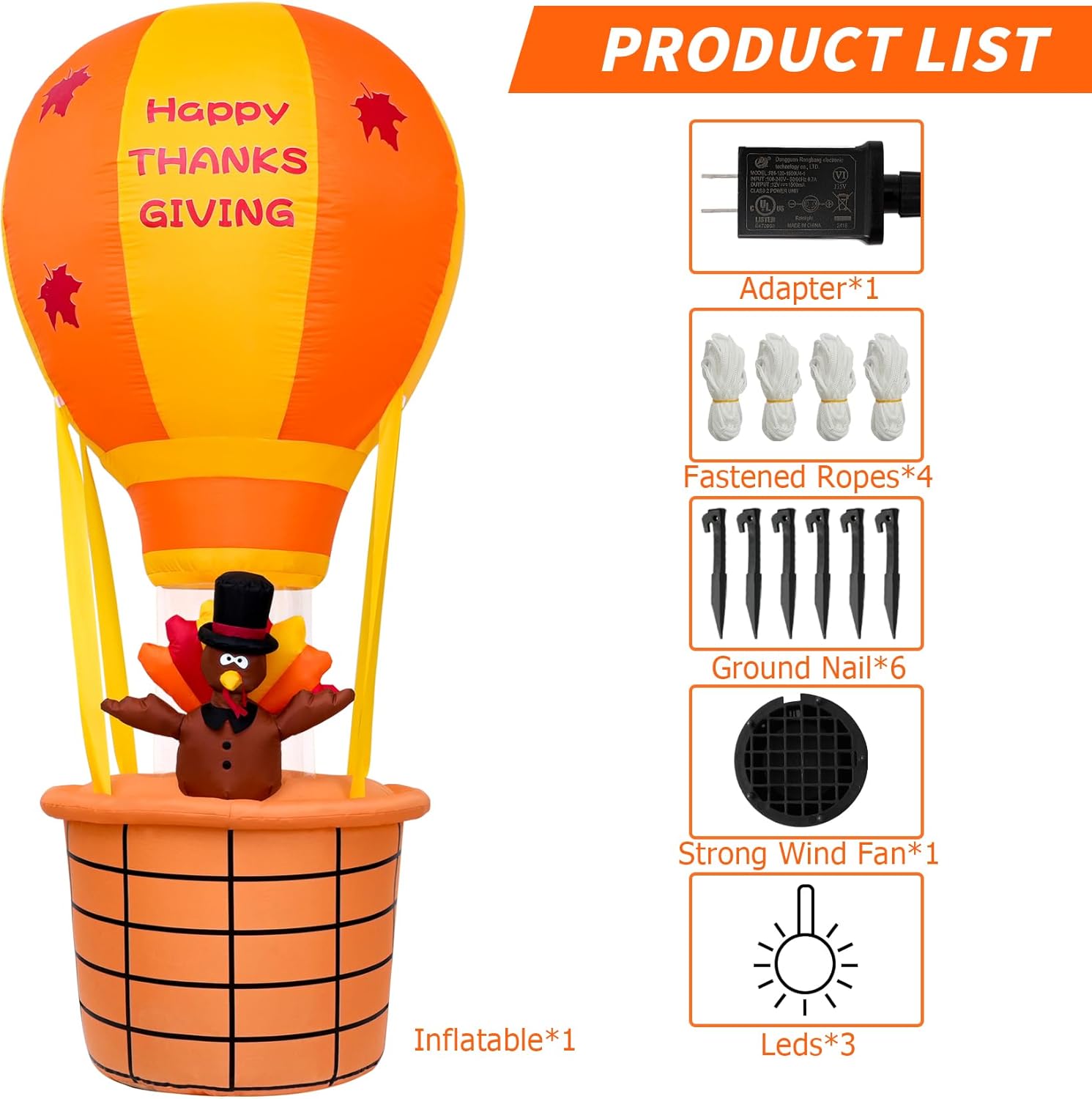 Onory 7FT Thanksgiving Inflatables Outdoor Decoration, Inflatable Hot Air Balloon Thanksgiving Turkey with Built-in LEDs Blow Up Inflatables for Thankgiving Party Outdoor Yard Garden Lawn Décor
