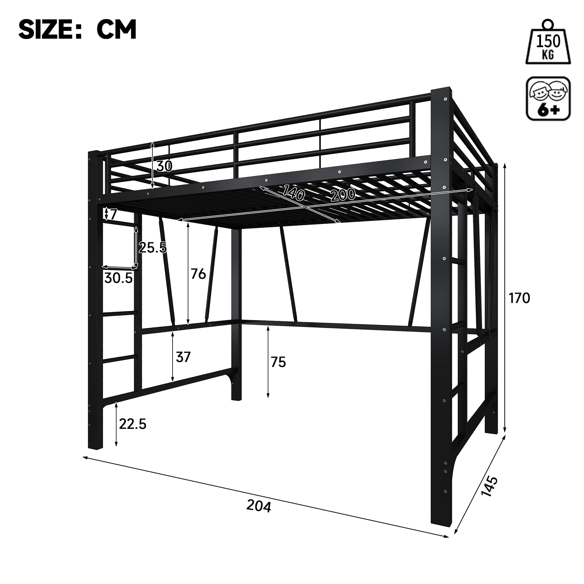 Letto a soppalco, 140 x 200 cm, struttura in metallo, colore nero