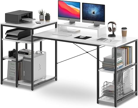 Amazon.com: Escritorio de computadora blanco de 69 pulgadas con estantes,  escritorio largo con estantería de almacenamiento y estantes para impresora,  escritorio grande con armario lateral para trabajo/estudio/escritura como  estación de trabajo en