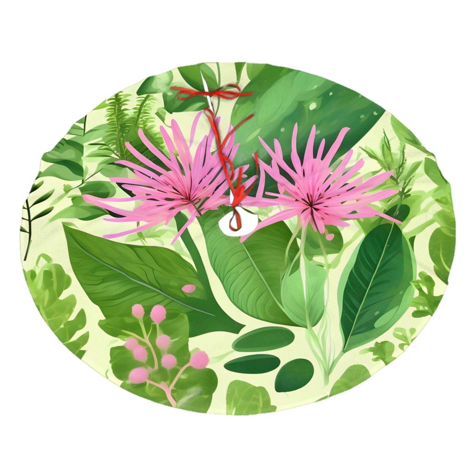 Pink Plant Flowers Printed Christmas Tree Skirt Christmas Plush Tree Skirt 48 inches (About 112.2 cm) Christmas