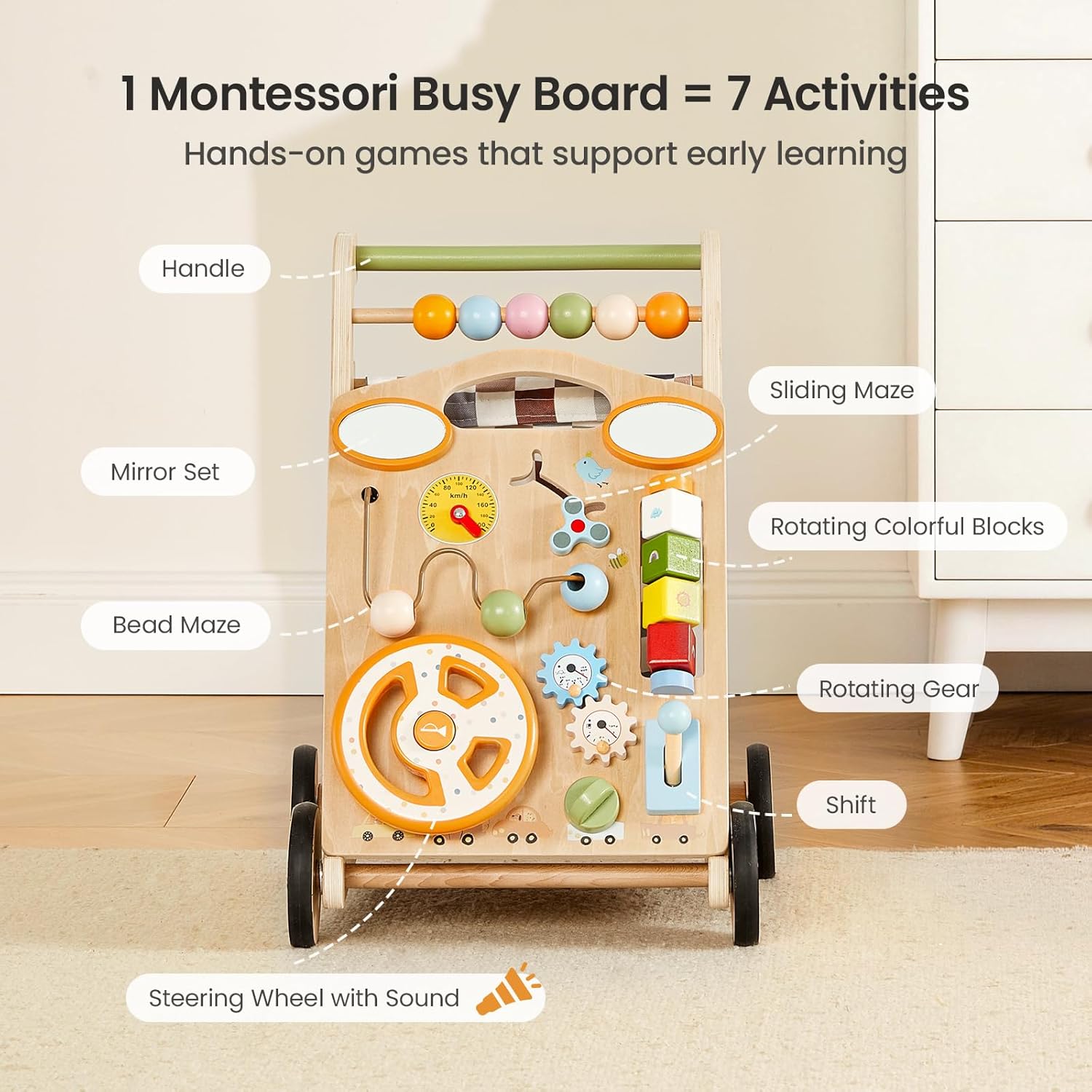 Image detailing the 7 activities on the Montessori busy board: handle, mirror set, bead maze, steering wheel with sound, sliding maze, rotating colorful blocks, rotating gear, and shift.