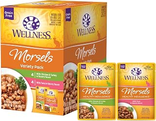 Wellness Healthy Indulgence Morsels Variety Pack Grain-Free Wet Cat Food, 3oz Pouches, 8-Pack - Natural Protein-Rich Adult Cat Meals