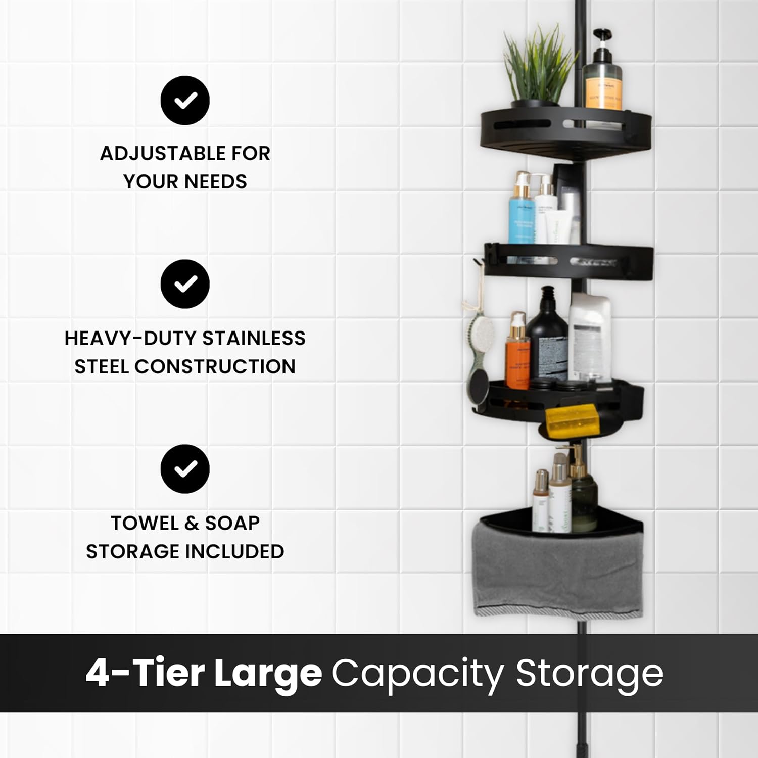 Rustproof Corner Shower Caddy-Tension Pole-LUXURY Model-4 Adjustable Baskets Bath Tub Corner Shower Caddy fits up to 114" ceiling,Bathroom Organizer with Towel Bar, Hooks & Soap Dish (Black)