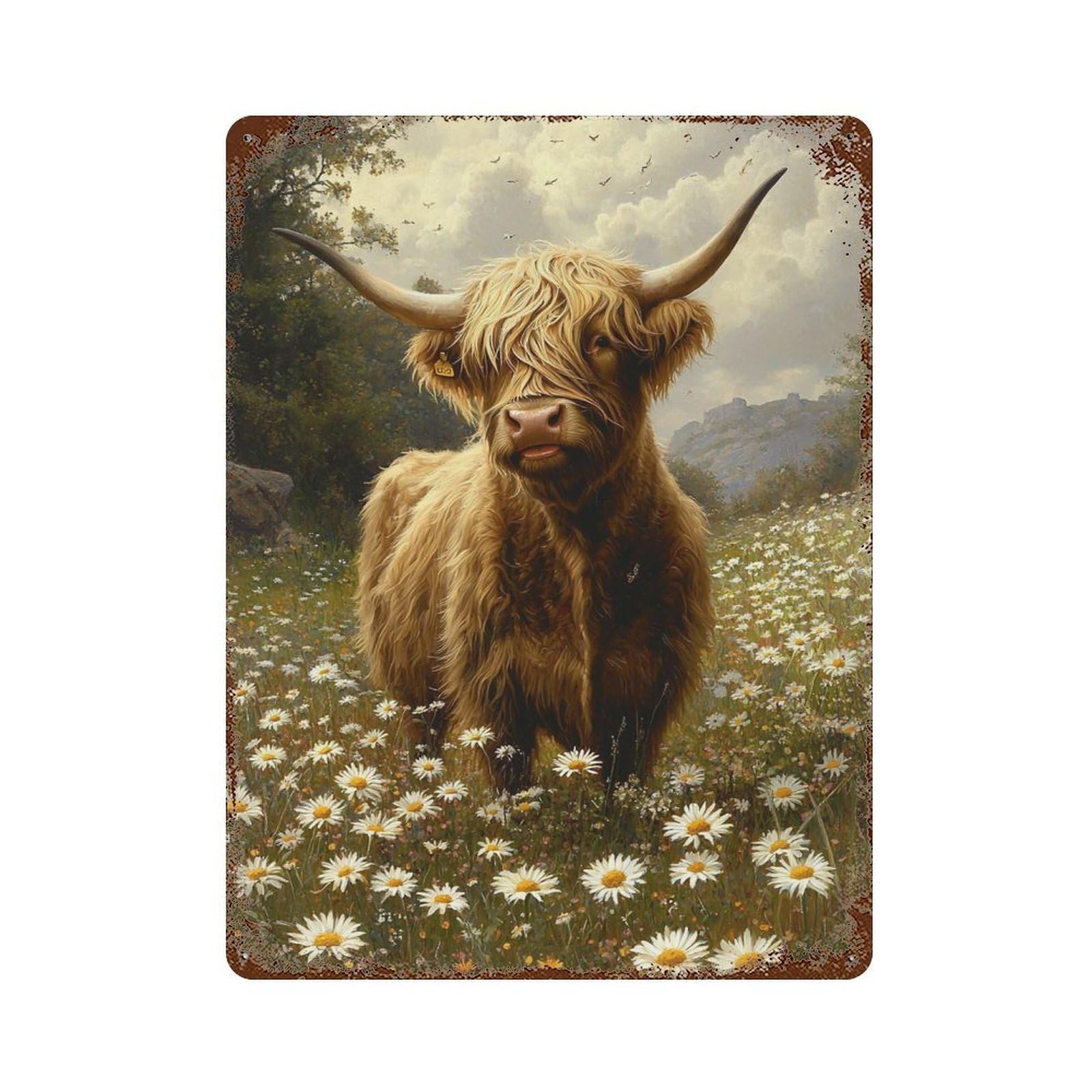 Rusty Metal Tin Sign Highland Cow in Daisy Field-2 15.7"x11.8", Classic Wall Plaque for Cafe, Home Bar And Lounge Decor