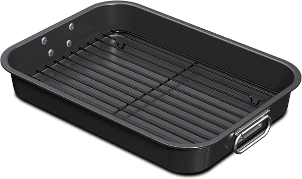 CHEFMADE Roasting Pan, 15-Inch Non-Stick Turkey Roaster Lasagna Pan with Rack - Rectangular Deep Dish Chicken Roaster Pan 15.35" x 11.14" x 2.24"Black